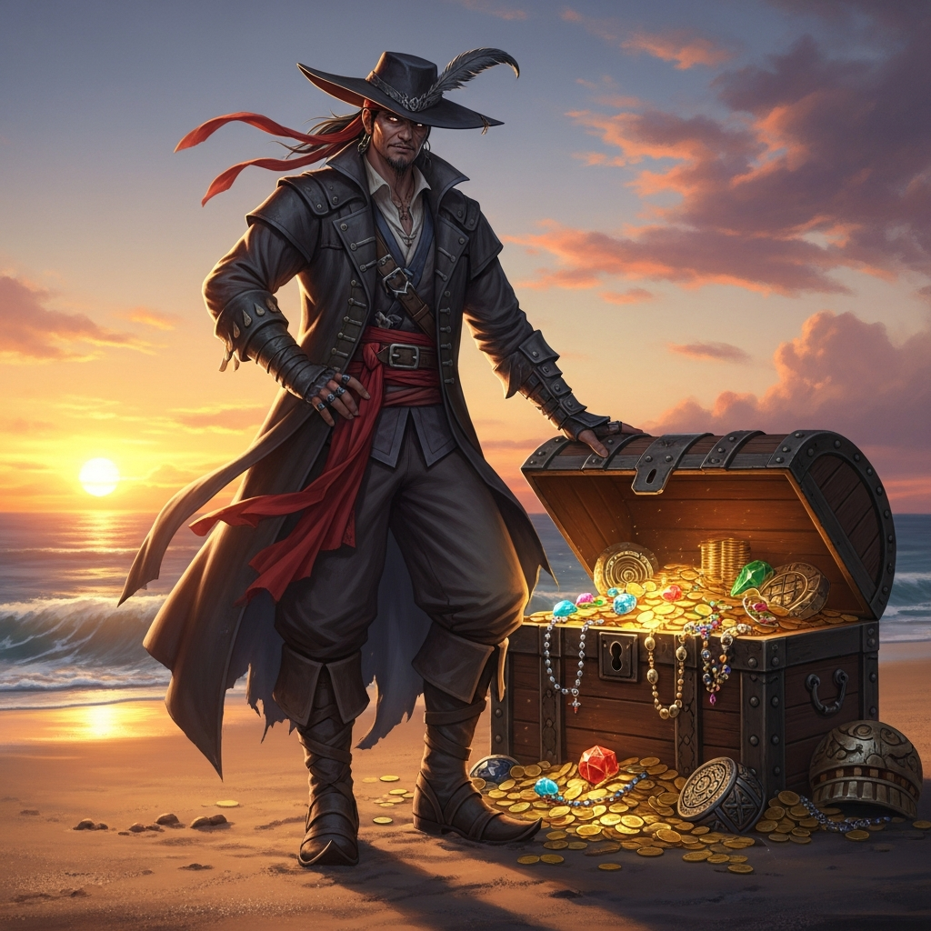 A mysterious pirate with a treasure chest, full of gold coins and jewels, on a sandy beach at sunset, warm lighting, textured background, no text, artistic rendering, Korean appearance
