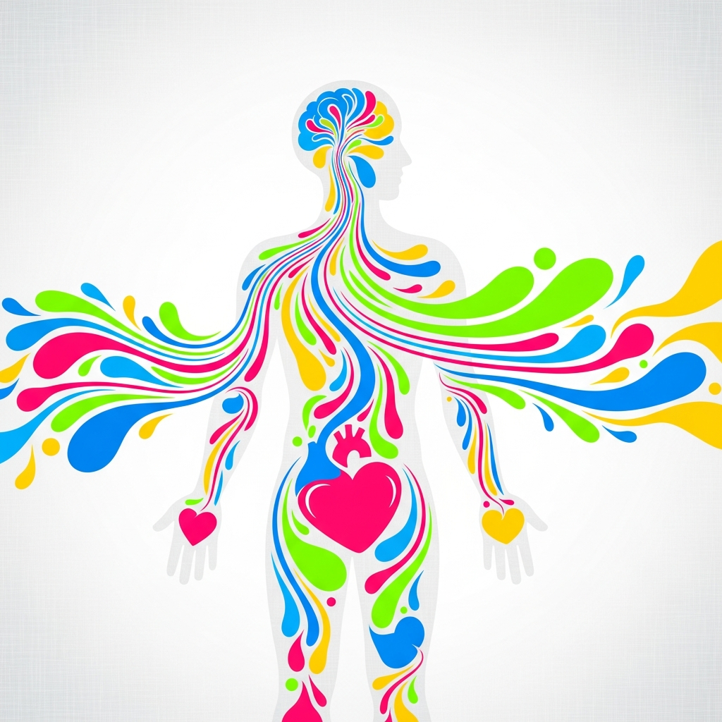 Abstract illustration depicting endorphins flowing through the body, vibrant colors, clean infographic style, textured background, healthy and energetic feel, no text