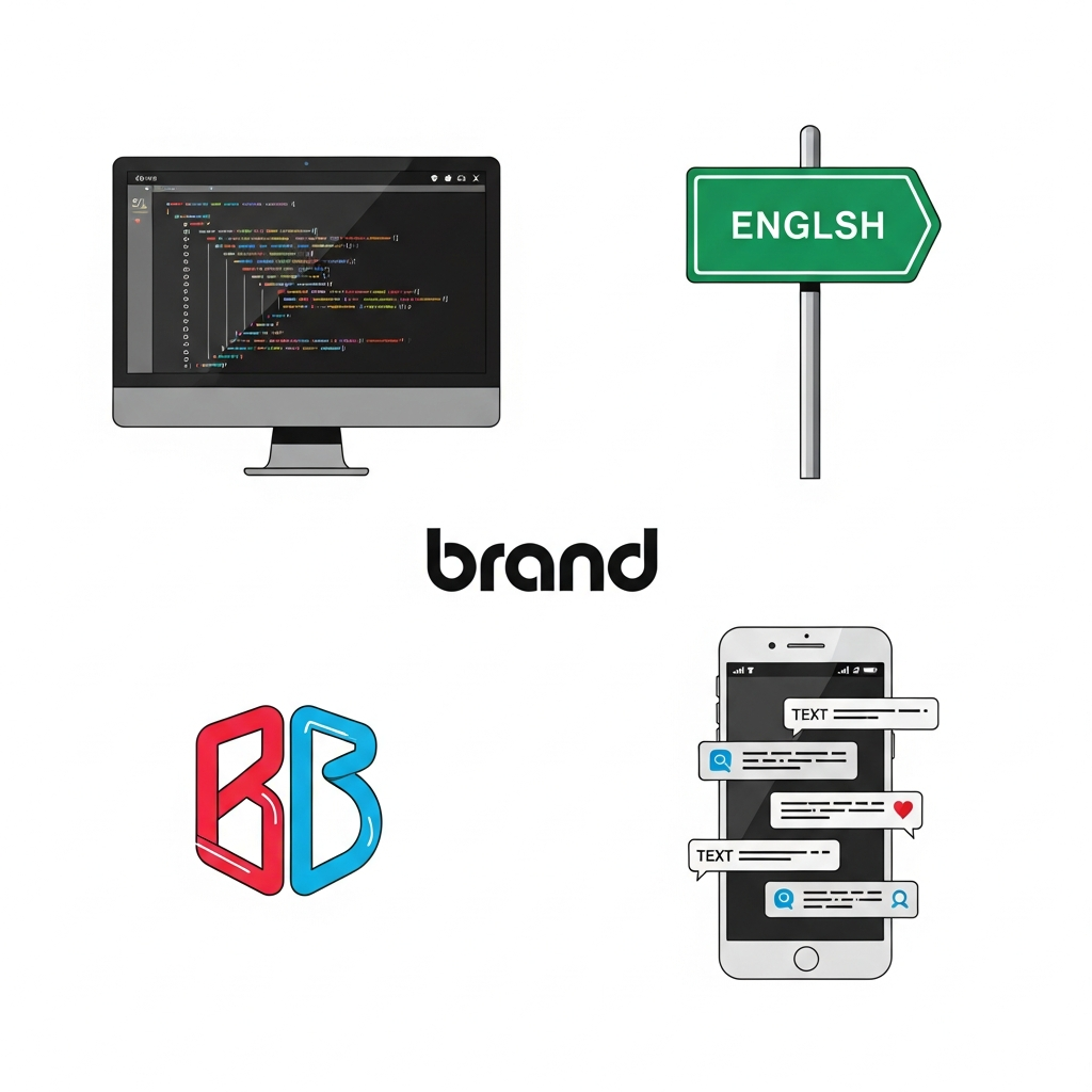 Clean infographic-style illustration showing various modern applications of the Latin alphabet: computer screens displaying code, a road sign with English text, a brand logo, and text messages on a smartphone. The overall aesthetic should be digital and modern, with vibrant, clean colors. No text in image.