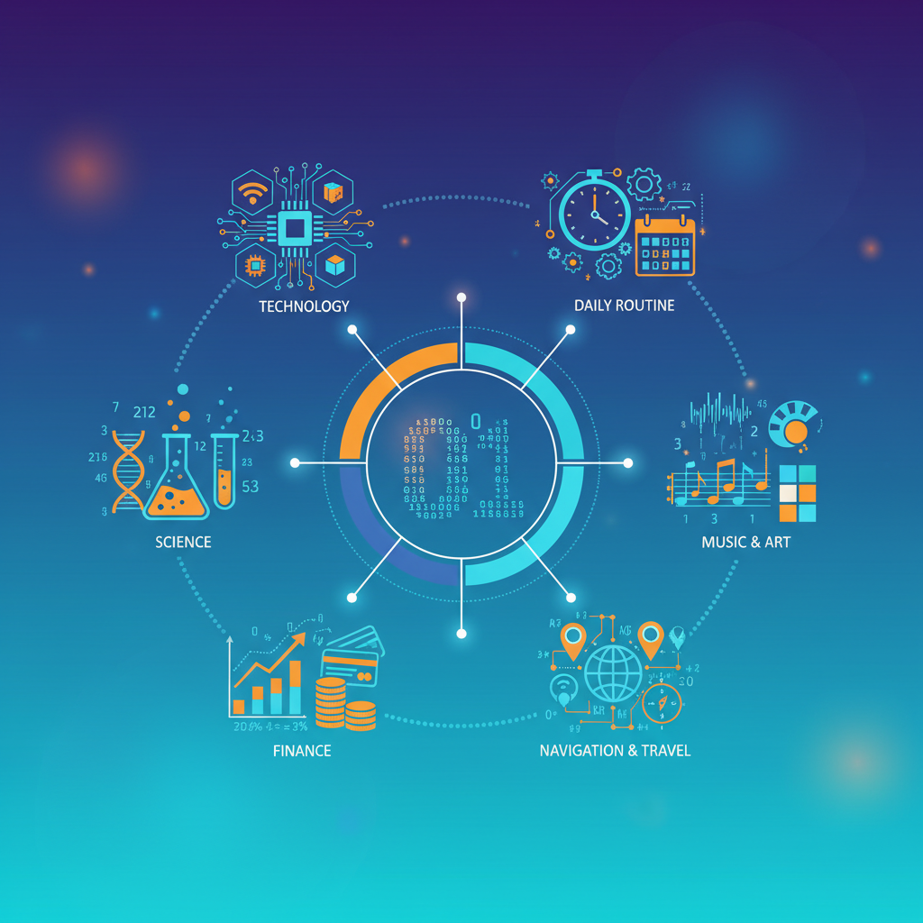 A modern infographic-style illustration showcasing various applications of numbers in daily life (e.g., technology, science, finance), clean design, high contrast, gradient background, no text.
