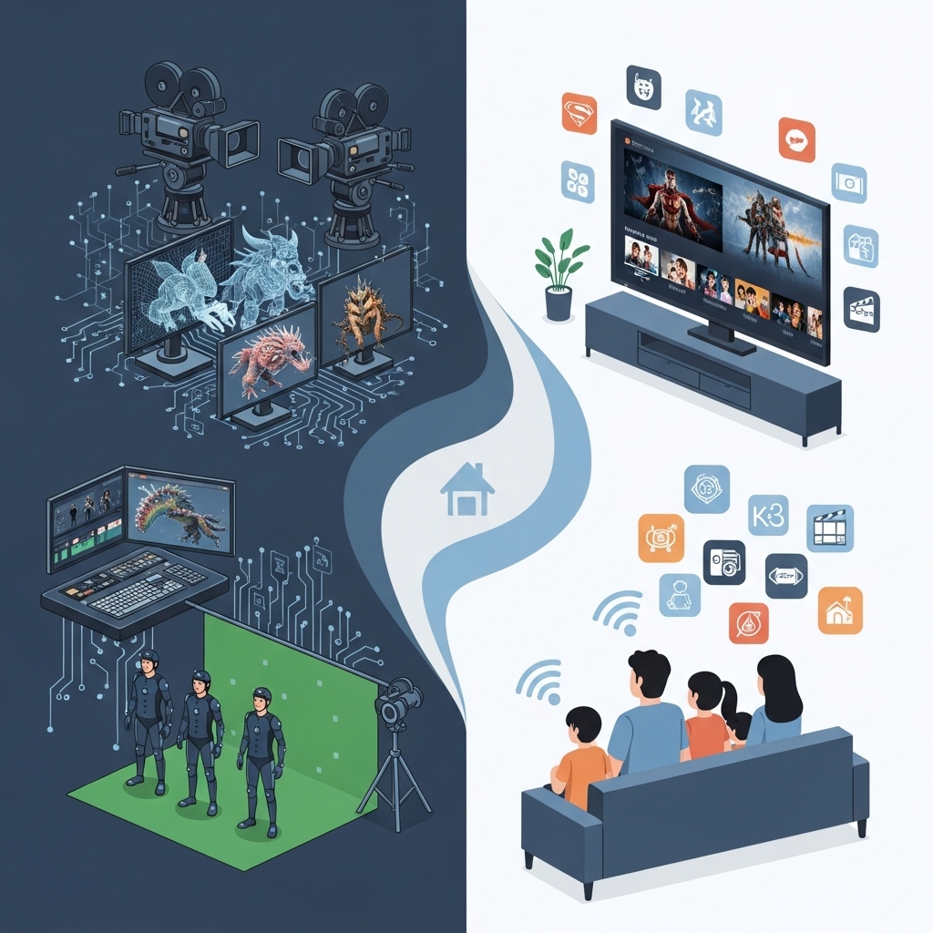 A modern infographic showing the evolution of cinema, with one side featuring advanced digital film cameras and CGI elements, and the other side depicting a Korean family enjoying a movie on an OTT platform at home with diverse content icons. Style: clean infographic. No text.