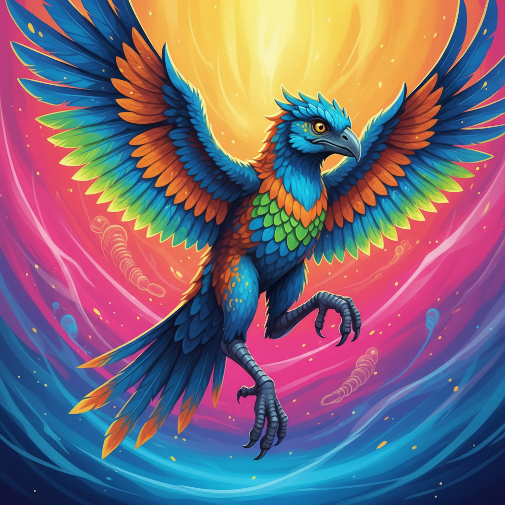 A vibrant illustration showing a modern bird with subtle, stylized dinosaur-like features, hinting at its ancestry, artistic rendering, gradient background, rich in detail, no visible text in image, no Korean characters