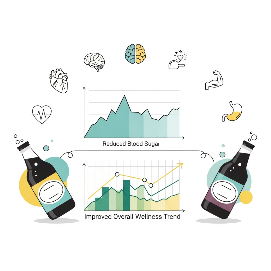 A clean infographic-style illustration showing blood sugar improvement charts with kombucha bottles. Include upward and downward trend lines, health-related icons, and a medical/wellness aesthetic. No text.