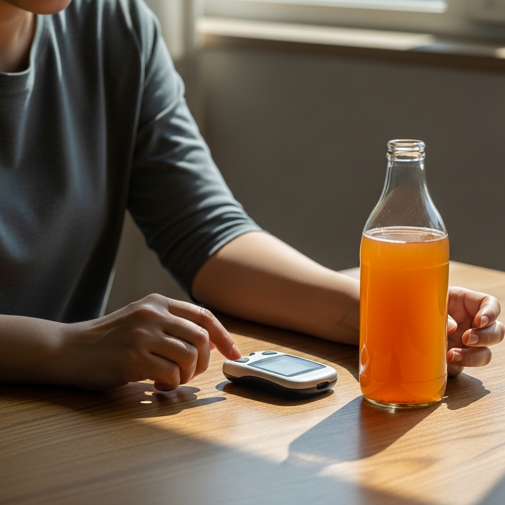 Lifestyle photo of blood glucose meter and kombucha bottle on table, healthy lifestyle concept, natural morning light, Korean adult checking blood sugar, realistic photography, hopeful mood, no text in image
