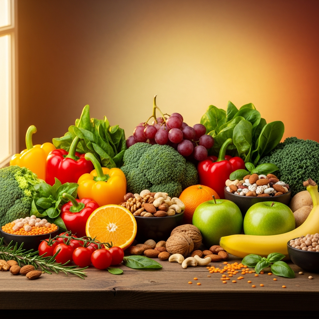 A vibrant still life of various healthy foods like vegetables, fruits, nuts, and legumes on a kitchen counter, warm natural lighting, colored background, no text