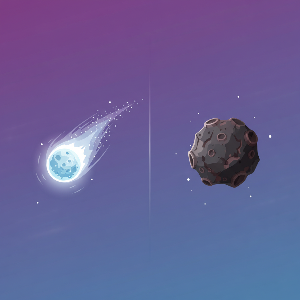 A clean infographic comparing a comet and an asteroid side by side. The comet has a visible tail and a more icy appearance, while the asteroid is a rocky, irregular shape. Both are depicted in space with a gradient background. Modern layout, high contrast, centered focus, no empty margins, no text.