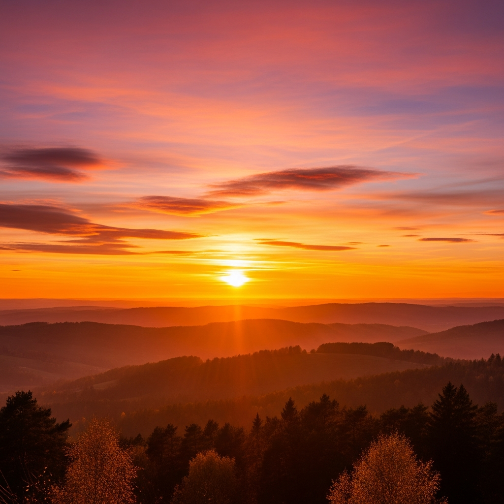 A stunning, vibrant sunset sky over a landscape, with subtle hints of atmospheric haze or particles enhancing the colors, warm lighting, gradient background, no text, visually rich