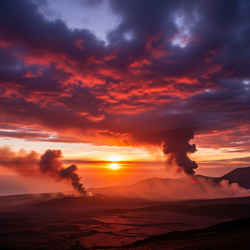 A spectacular sunset sky painted in vivid reds, oranges, and purples caused by volcanic ash particles scattering light. The atmospheric phenomenon shows nature's dramatic beauty mixed with disaster aftermath. Realistic atmospheric effect, no text.