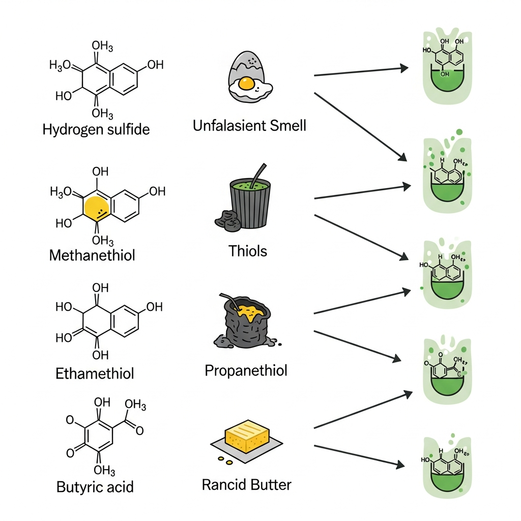 An clean infographic showing various chemical structures (sulfur compounds, thiols, butyric acid) and their corresponding unpleasant smells, with simplified representations of how they interact with olfactory receptors. No text.
