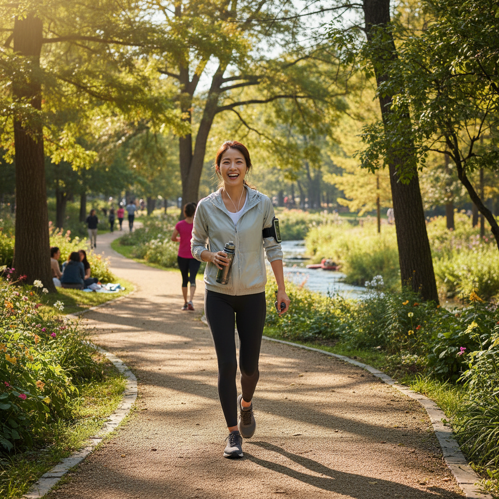 A Korean person enjoying a light walk outdoors, vibrant, active, and healthy, lifestyle photography, bright lighting, natural park setting, no text