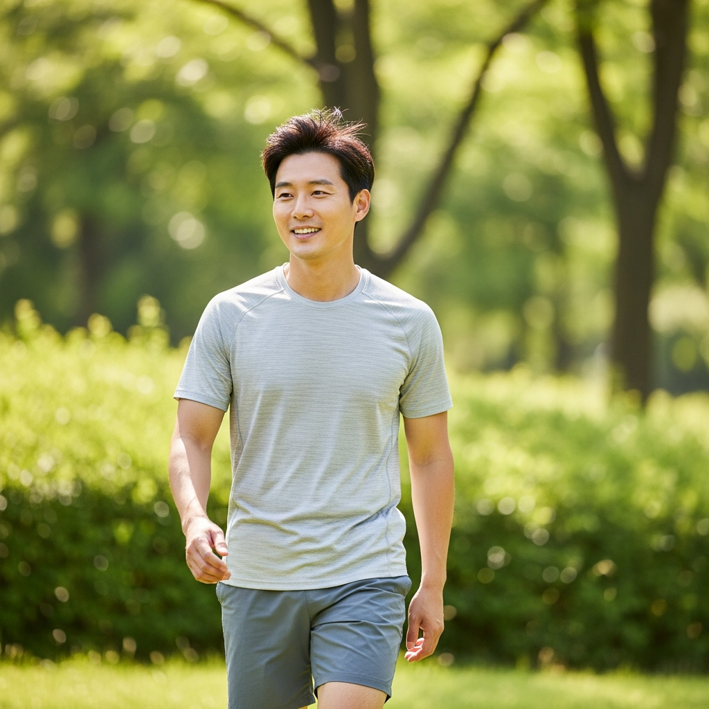 A Korean person enjoying a light outdoor activity like walking in a park, looking energetic and healthy, bright natural lighting, green background, no text