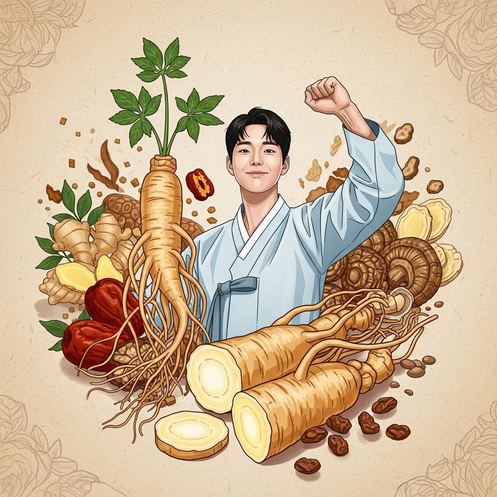 A vibrant Korean man or woman looking energetic and healthy, surrounded by natural elements like ginseng roots, clean infographic style, modern layout, high contrast, warm lighting, textured background, no text