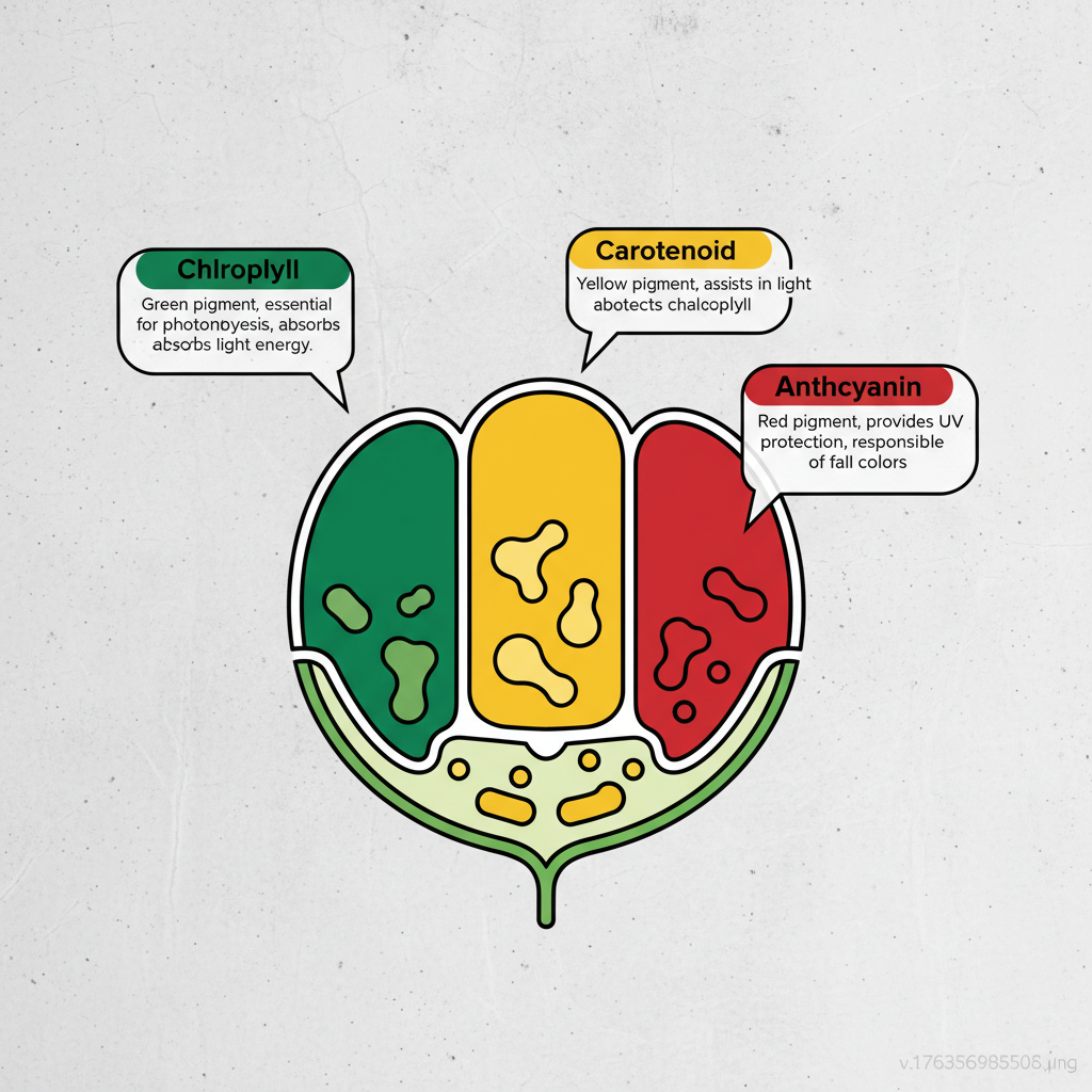 Clean infographic showing a cross-section of a deciduous leaf, with chlorophyll (green), carotenoid (yellow), and anthocyanin (red) pigments clearly identified and explained. Modern layout, high contrast, textured background, no text