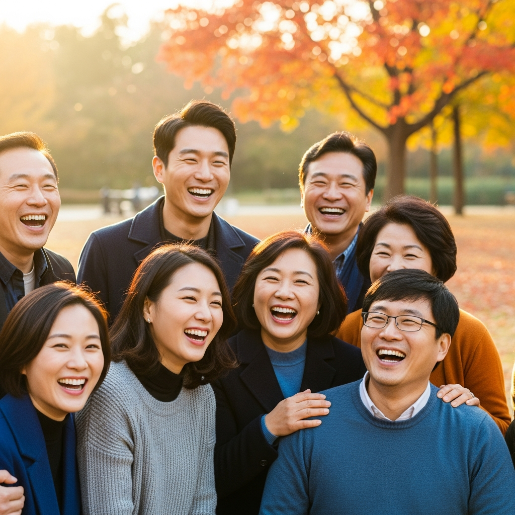 A group of diverse Korean people laughing together brightly, warm natural lighting, a blurred park background with autumn leaves, lifestyle photography, vibrant colors, no text