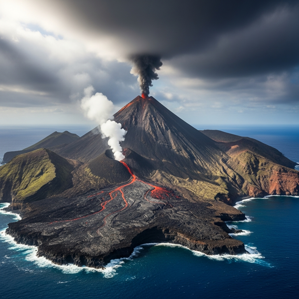 A dramatic volcanic island landscape showing an active volcano with smoke and steam rising from its peak, surrounded by ocean waters. The volcano appears imposing and powerful against a dramatic sky. Realistic geological detail, natural lighting, no text.