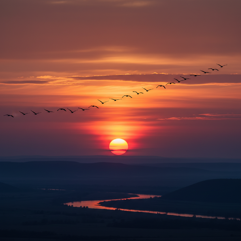 Silhouettes of migratory birds flying in a V-formation against a vast, colorful sunset sky, emphasizing long-distance travel, no text
