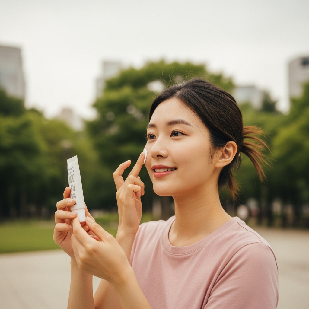 A young Korean woman applying skincare outdoors on a cloudy day, natural daylight through overcast sky, urban park setting with soft diffused lighting, lifestyle photography, warm muted tones, realistic scene, no text