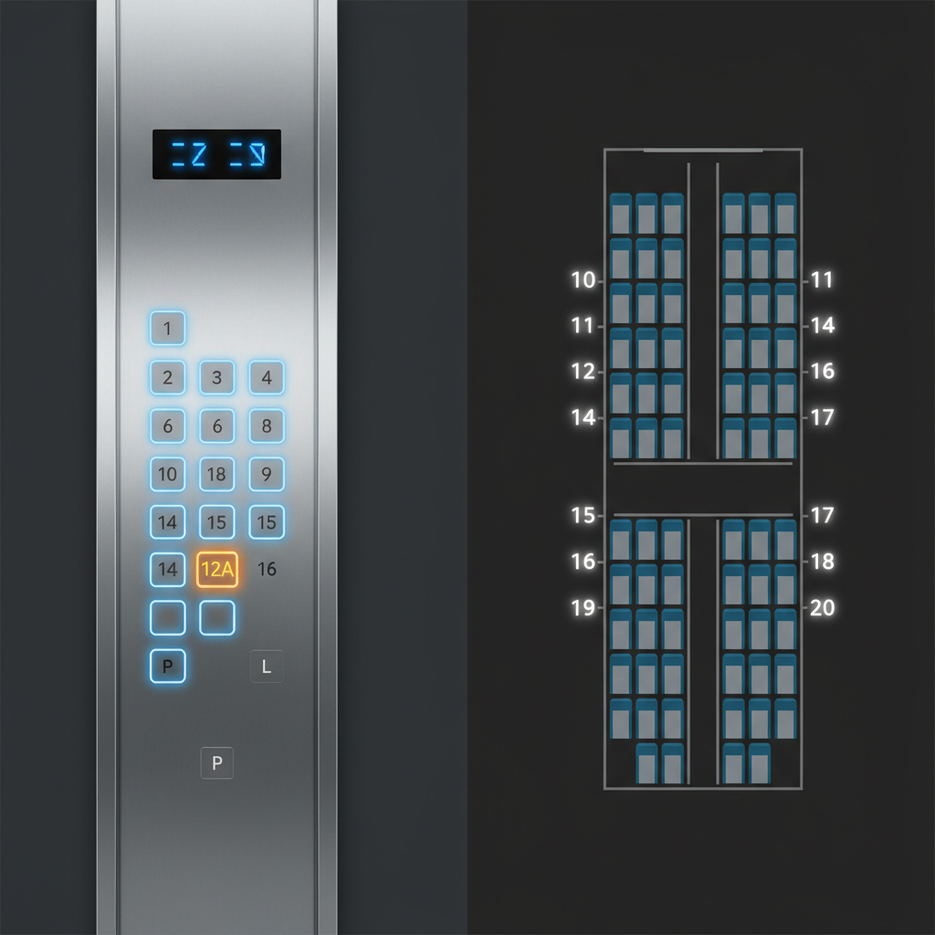 A clean infographic showing a modern high-rise elevator panel with the 13th floor replaced by '12A' or skipped, and an airplane seat map showing a missing 13th row. High contrast, modern layout, no text
