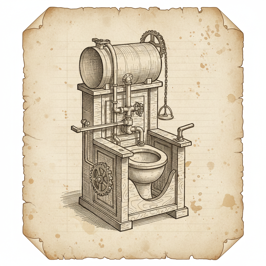 artistic rendering of a 16th-century flushing toilet sketch by John Harington, intricate details, textured parchment background, historical illustration style, no text
