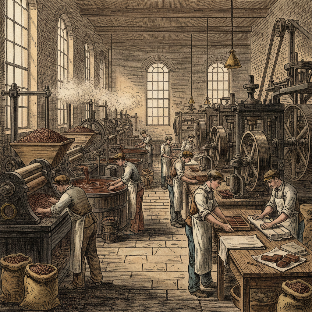 An illustration in a history/culture style, depicting a 19th-century European factory where solid chocolate bars are being produced. Show early industrial machinery and workers. Aspect ratio 4:3, no visible text.