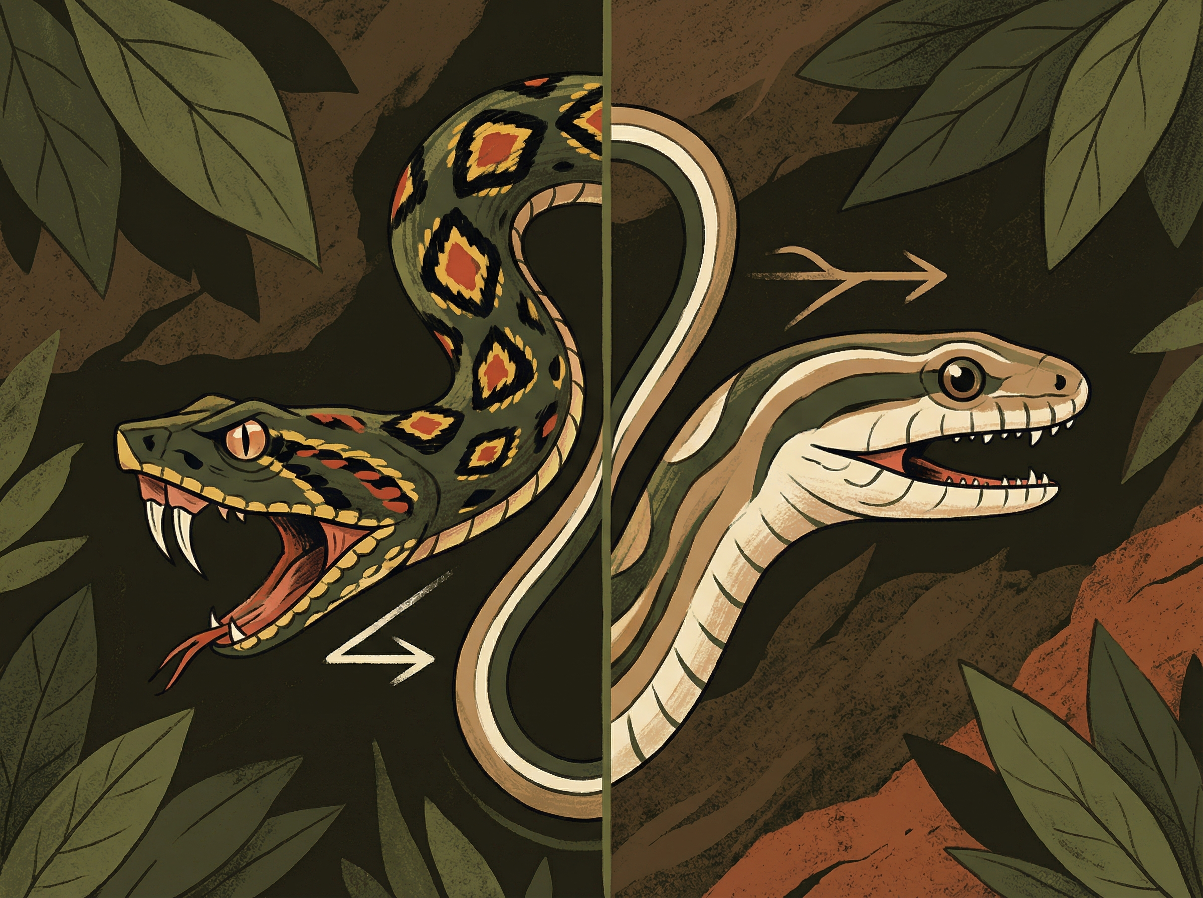 A detailed, clean infographic illustration of a snake. One half of the snake visually represents a venomous snake with clear fangs and distinct markings, while the other half represents a non-venomous snake with a different head shape and no visible fangs. Use high contrast and a modern layout with a dark green and brown textured background. Focus on the head and neck area. No visible text, no Korean text. Aspect ratio 4:3.