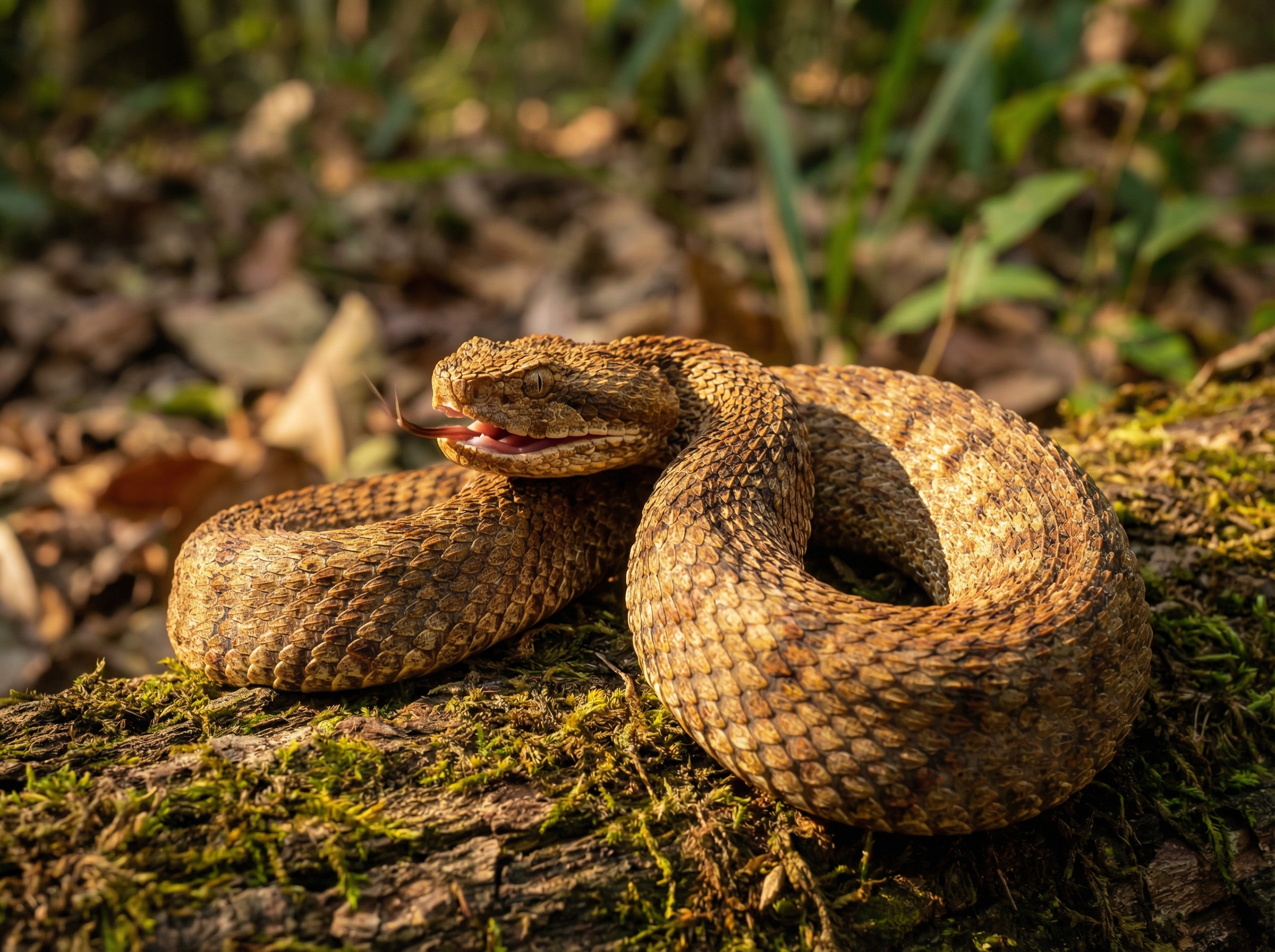 A close-up, high-contrast lifestyle photography shot of a venomous snake, specifically a viper, with its mouth slightly open, showing its fangs. The lighting is warm and natural, highlighting the texture of its scales. The background is a blurred natural forest setting. No visible text, no Korean text. Aspect ratio 4:3.