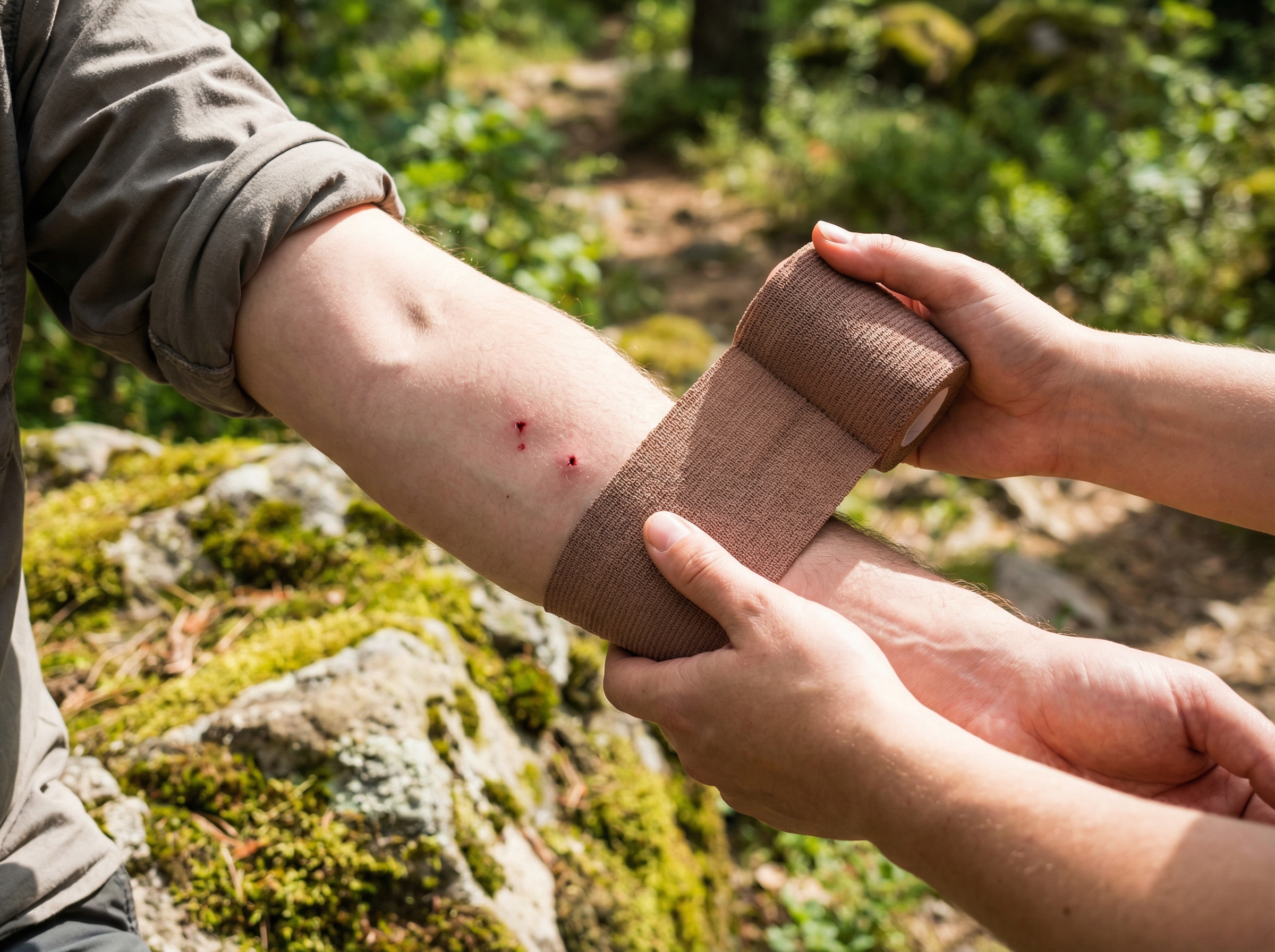 A close-up lifestyle photography shot of a person's arm with a visible snake bite mark, while another person is carefully applying a clean bandage or pressure. The setting is outdoors in a natural, bright environment. The focus is on the arm and hands. No visible text, no Korean text. Aspect ratio 4:3.