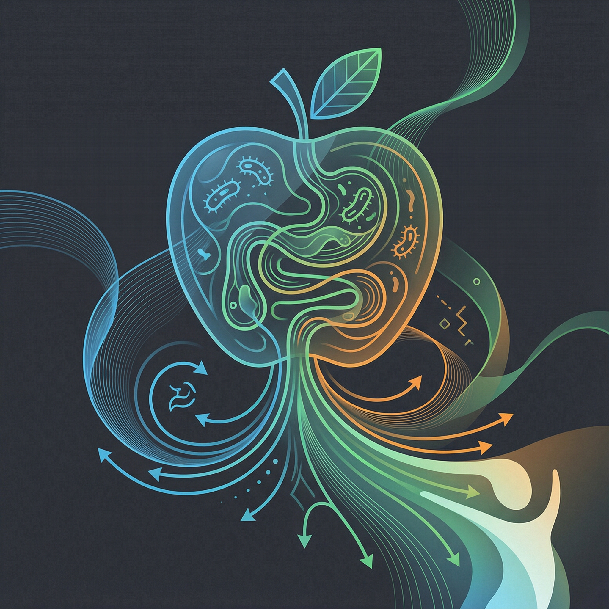 An abstract visual representing gut health and weight loss, possibly with an apple silhouette and gentle, flowing lines. Clean infographic style, modern layout, high contrast, no visible text, 1:1 aspect ratio.