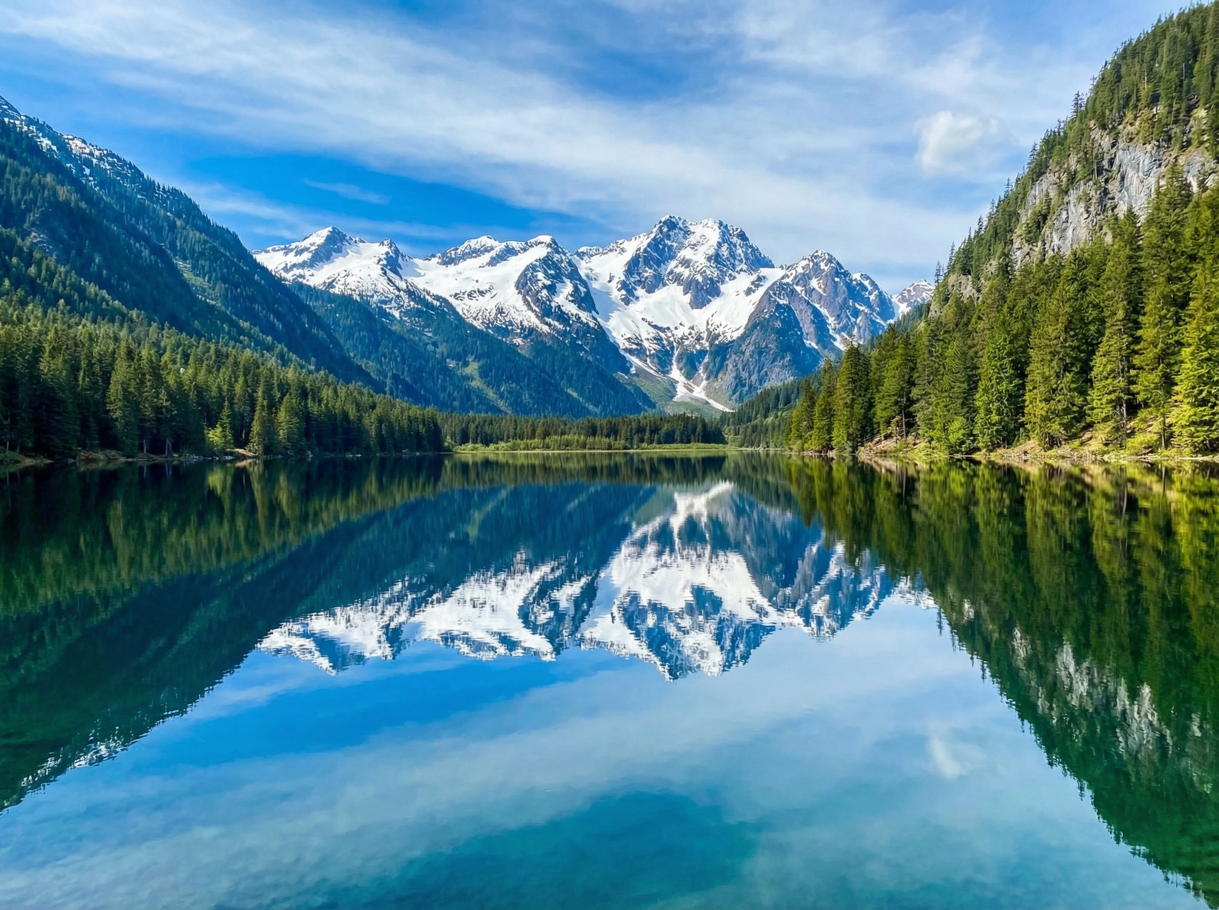 A perfectly still, clear mountain lake reflecting snow-capped peaks and a blue sky like a mirror, serene natural landscape, vibrant colors, centered focus, aspect ratio 4:3, no visible text.