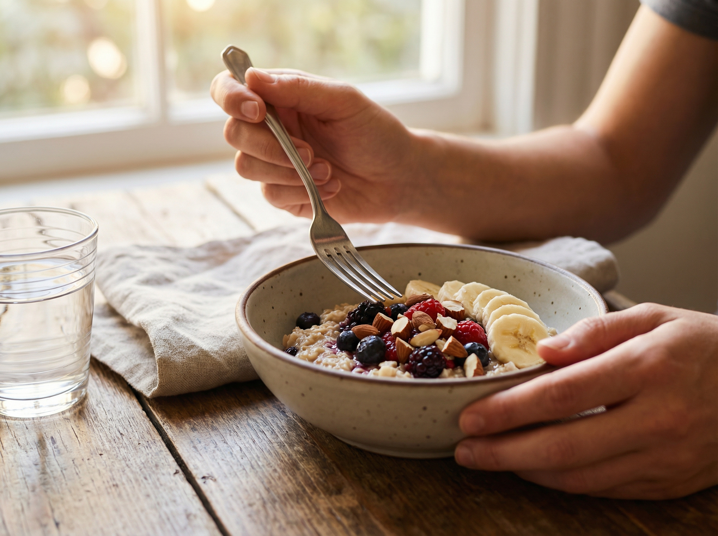A close-up shot of a person's hands holding a fork, about to eat a healthy breakfast consisting of a bowl of oatmeal with fruits, nuts, and a glass of water. The focus is on the nutritious food and the act of eating, emphasizing a healthy start to the day. Review/Daily style, lifestyle photography, warm lighting, natural setting. 4:3 aspect ratio, no visible text.