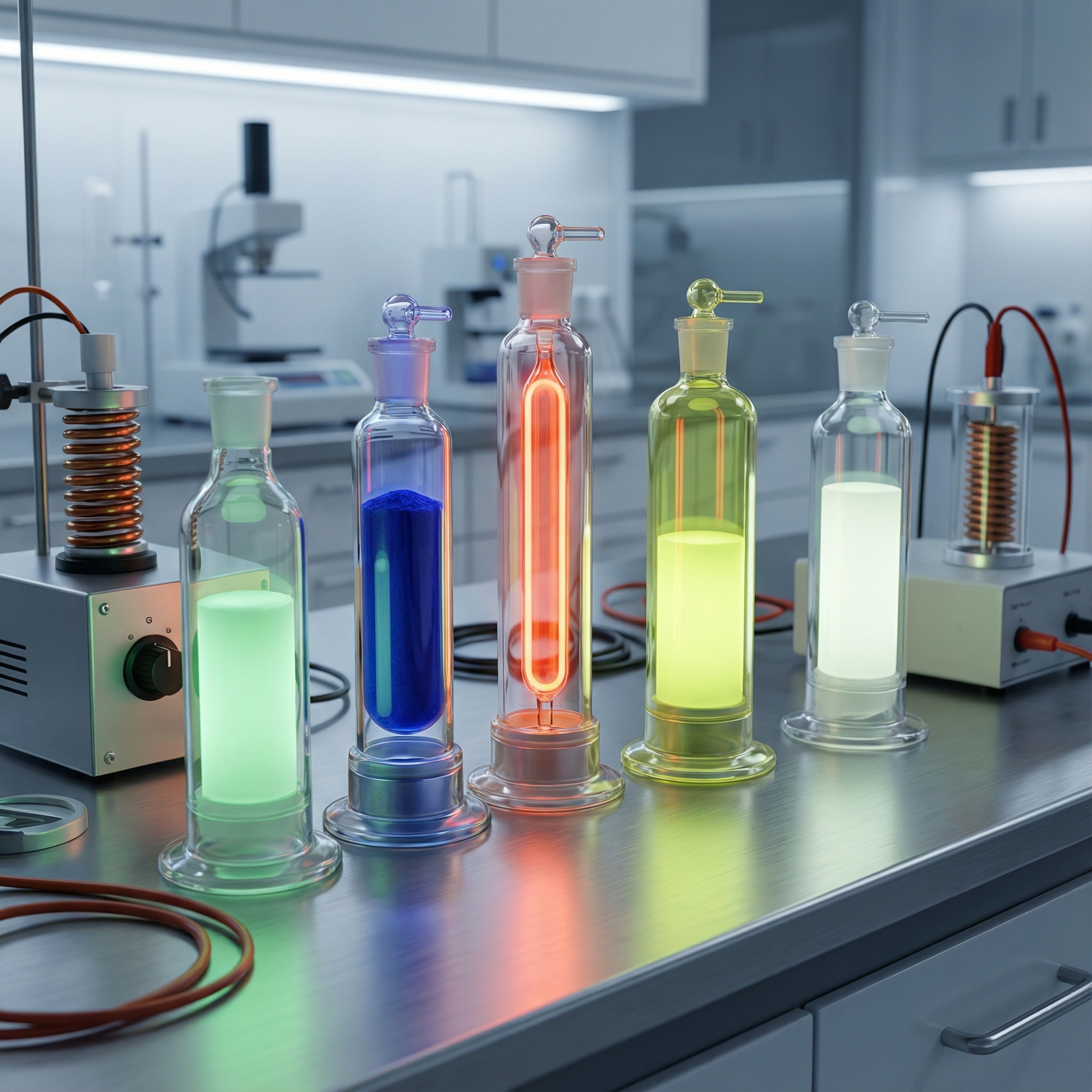 Close up of various chemical elements in small containers, glowing with different colors, science lab setting, informative, aspect ratio 1:1, no visible text, modern layout