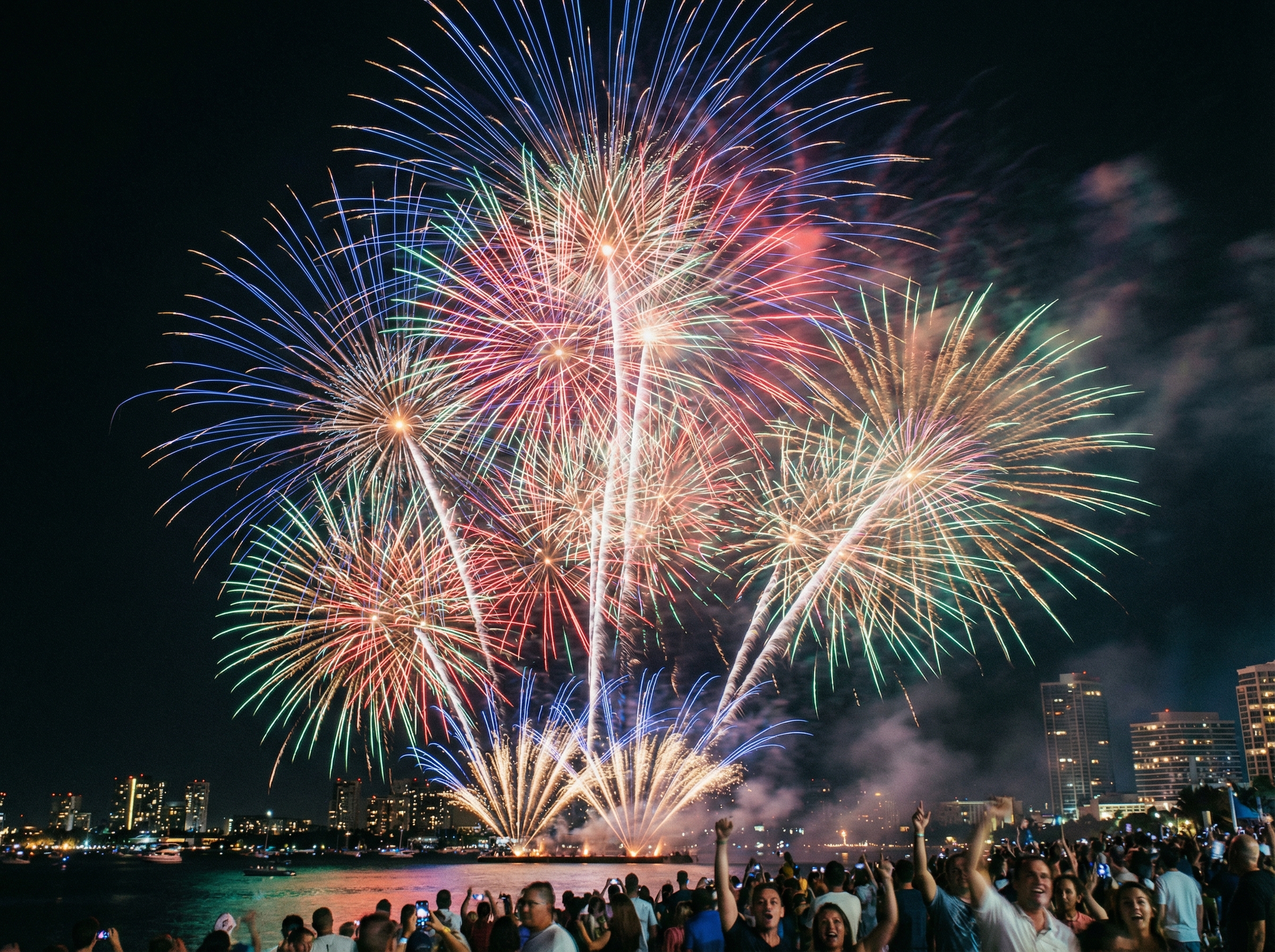 Colorful fireworks exploding in the night sky, vibrant, dynamic, celebration, aspect ratio 4:3, no visible text, high contrast