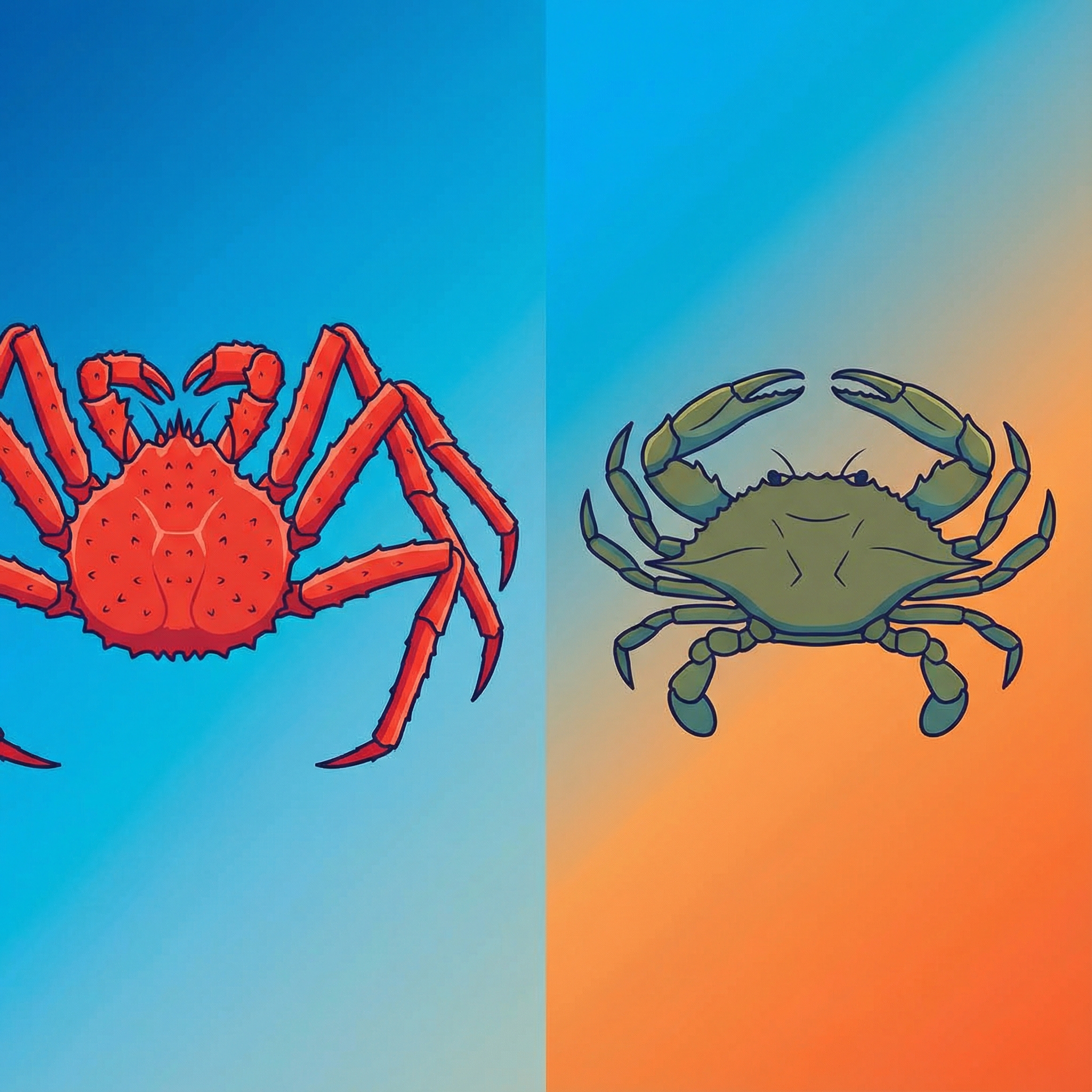 An illustrative comparison of a king crab and a blue crab, emphasizing their physical differences in body shape and leg structure. Modern layout, high contrast, aspect ratio 1:1, no visible text, gradient background.