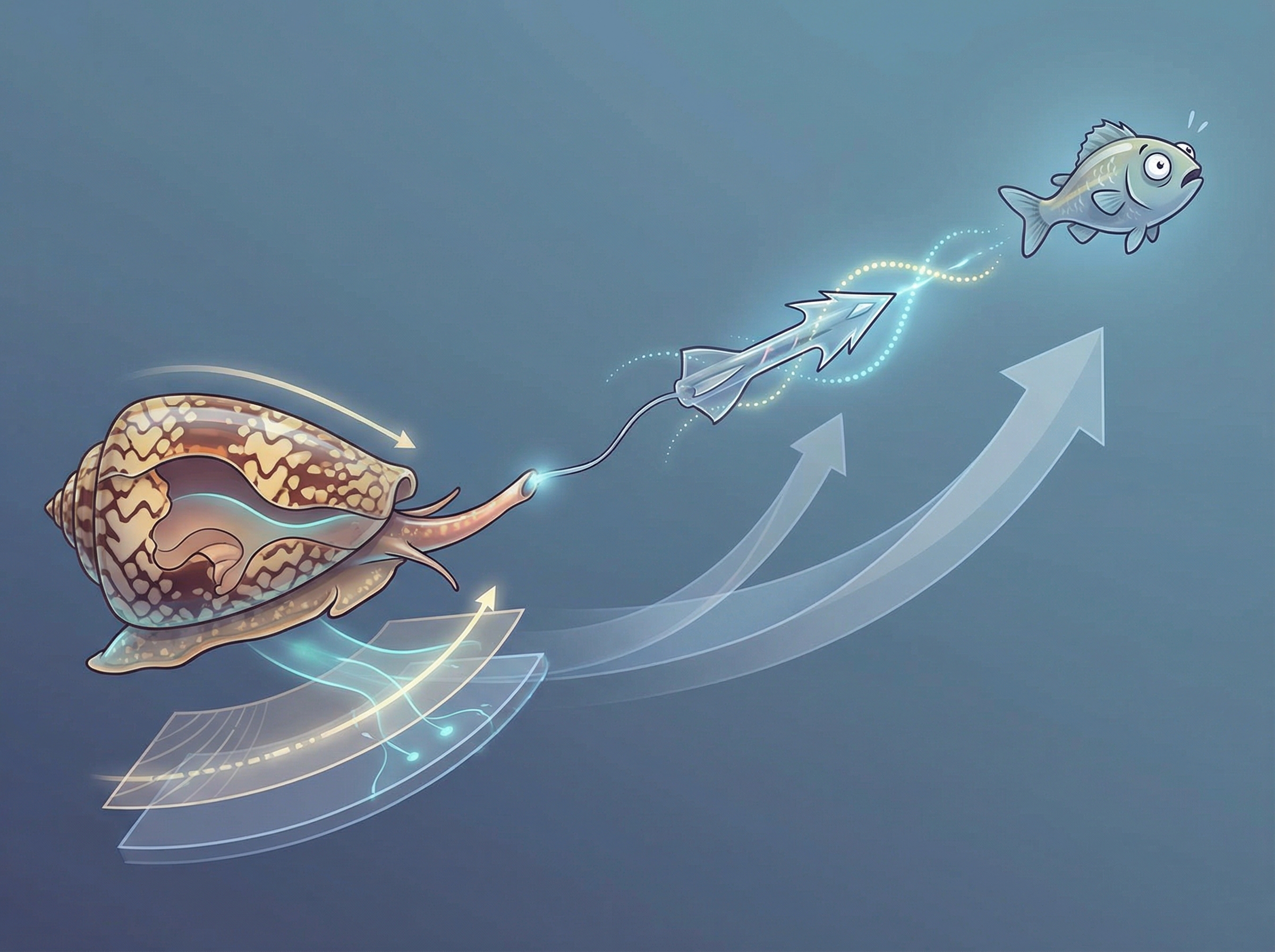 An informational infographic style image of a cone snail firing a dart-like radula. The image shows the dart in motion towards a small fish. The background is a blue gradient, and the composition is visually rich. Aspect ratio 4:3, no visible text.