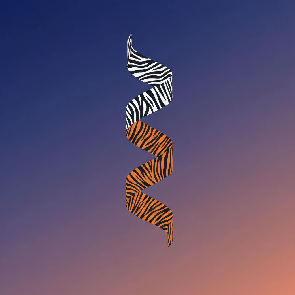 An abstract, clean infographic showing a stylized DNA helix intertwining with subtle zebra and tiger stripe patterns, representing genetic control over animal markings, modern layout, high contrast, colored gradient background, no text.