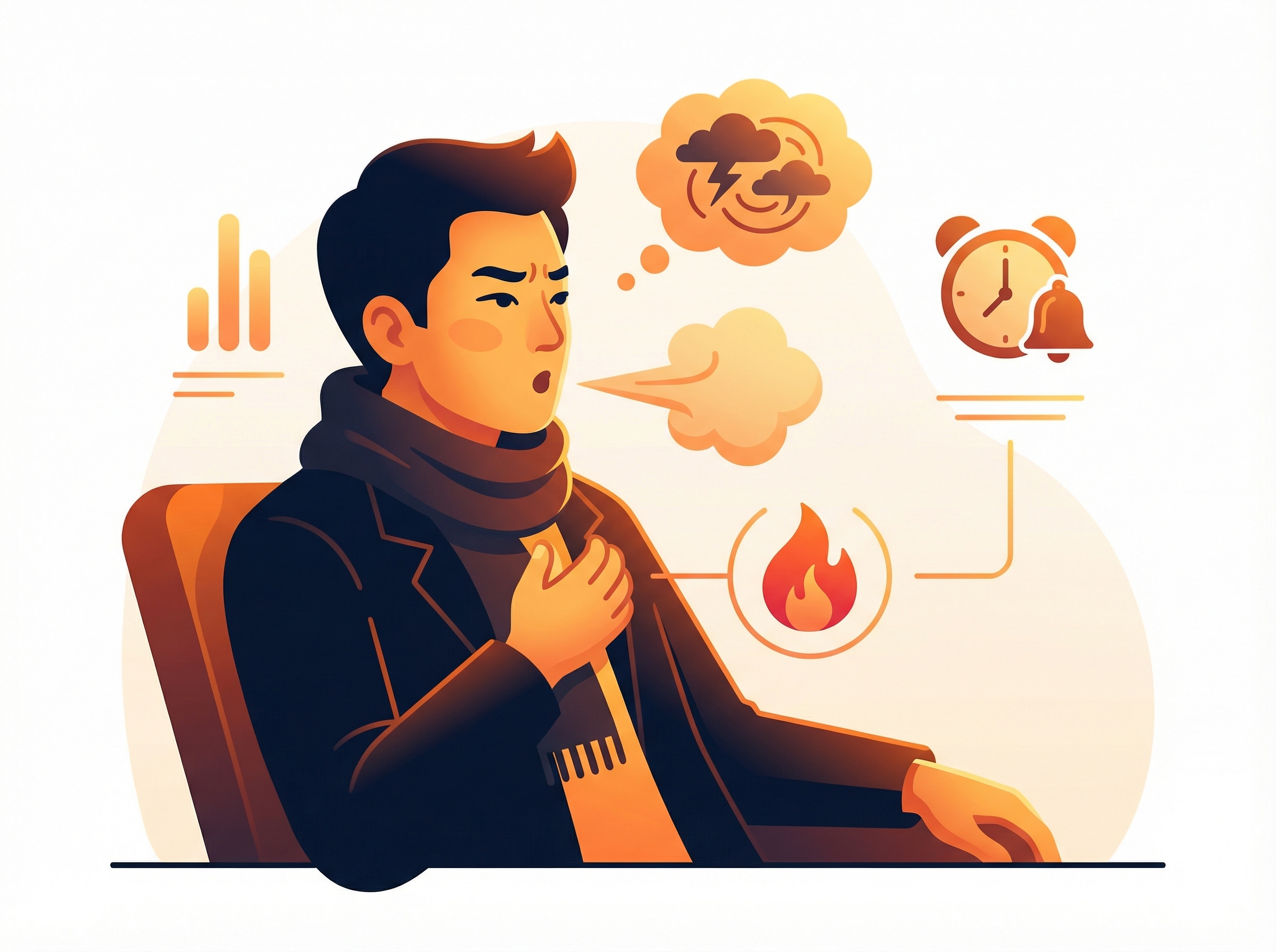 An informational infographic style image showing a person looking irritable and sighing, representing early Hwabyung symptoms, clean modern layout, high contrast, warm lighting, Korean appearance, no visible text, aspect ratio 4:3.