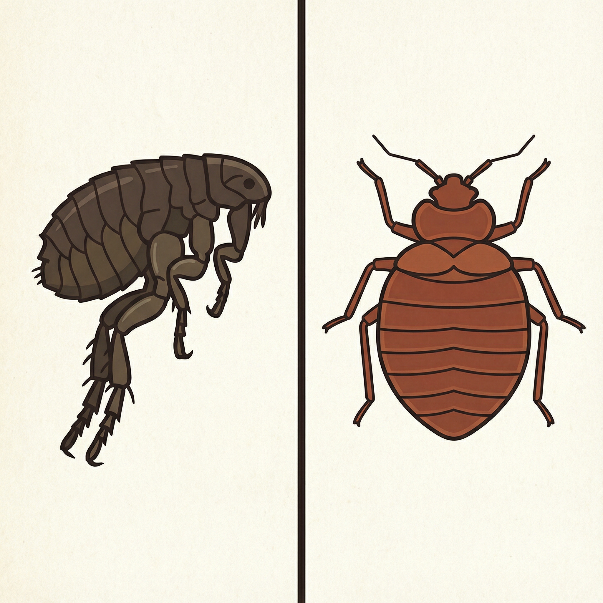 Two distinct insect illustrations side by side: one clearly identifiable as a flea (with its strong jumping legs) and the other as a bed bug. Both are depicted in an informational, clean infographic style, emphasizing their differences. High contrast, modern layout, textured background. 1:1 aspect ratio, no visible text.