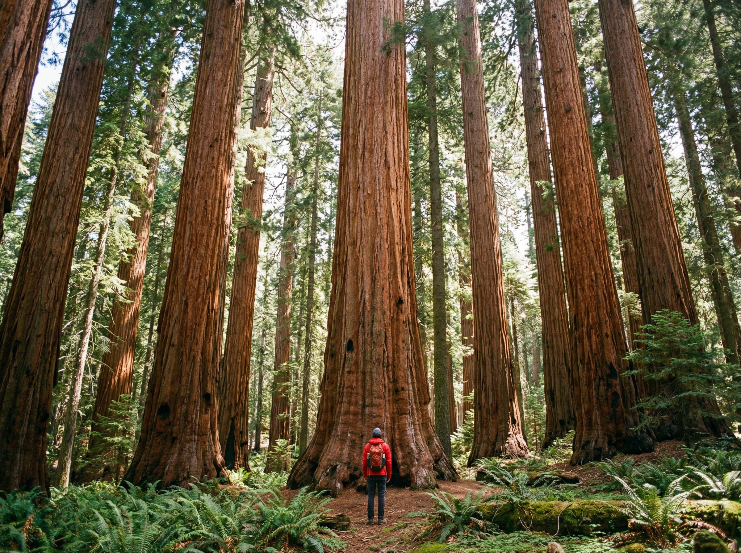A towering forest of Giant Sequoia trees, emphasizing their immense size. A small person stands at the base, looking up, to show scale. The lighting is bright and balanced, visually rich, colored background, full frame, centered focus, no visible text, 4:3 aspect ratio.