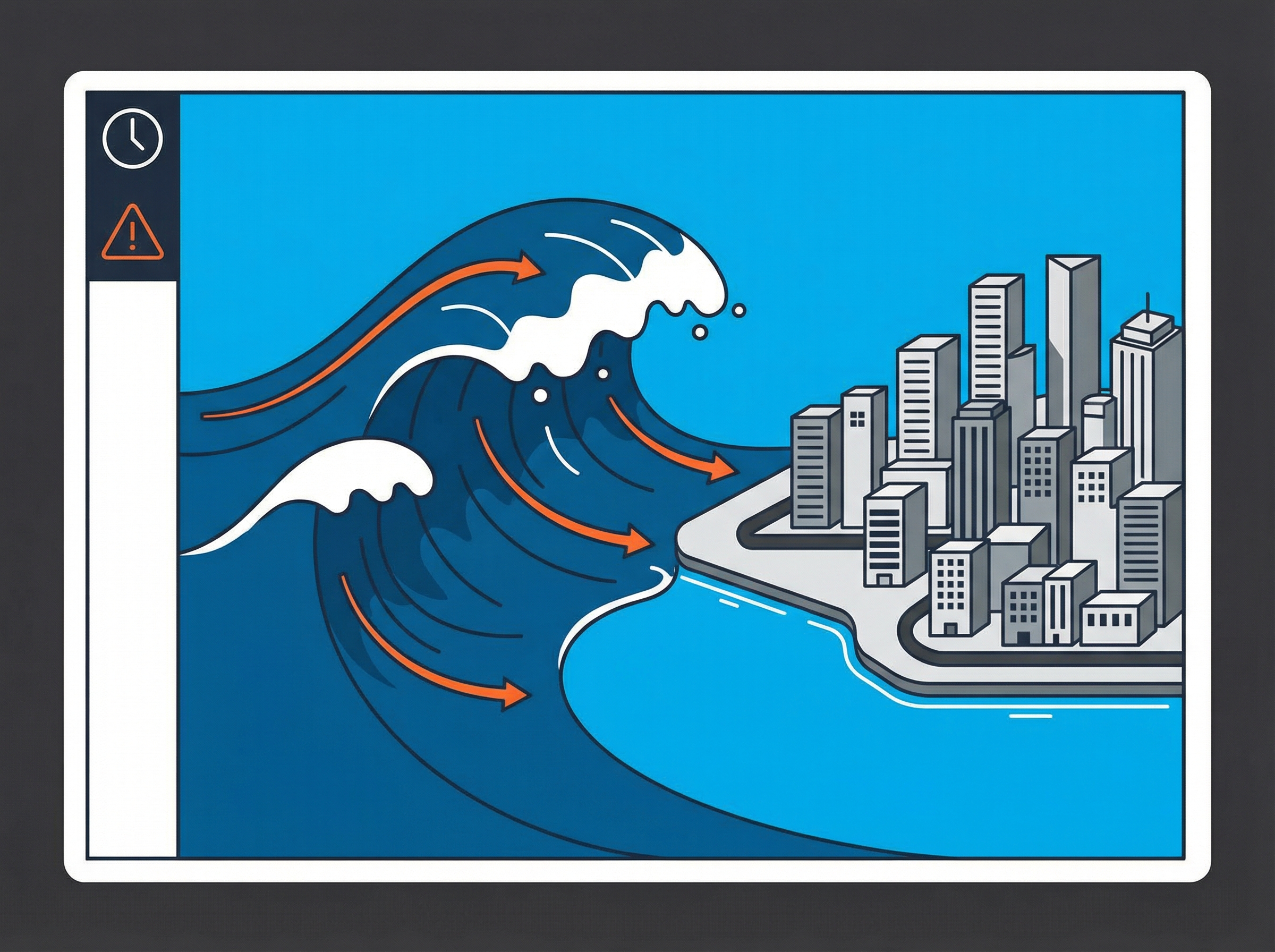 A large, powerful tsunami wave approaching a coastal city, seen from a safe distance, informational style, clean infographic, modern layout, high contrast, aspect ratio 4:3, no visible text, no Korean text