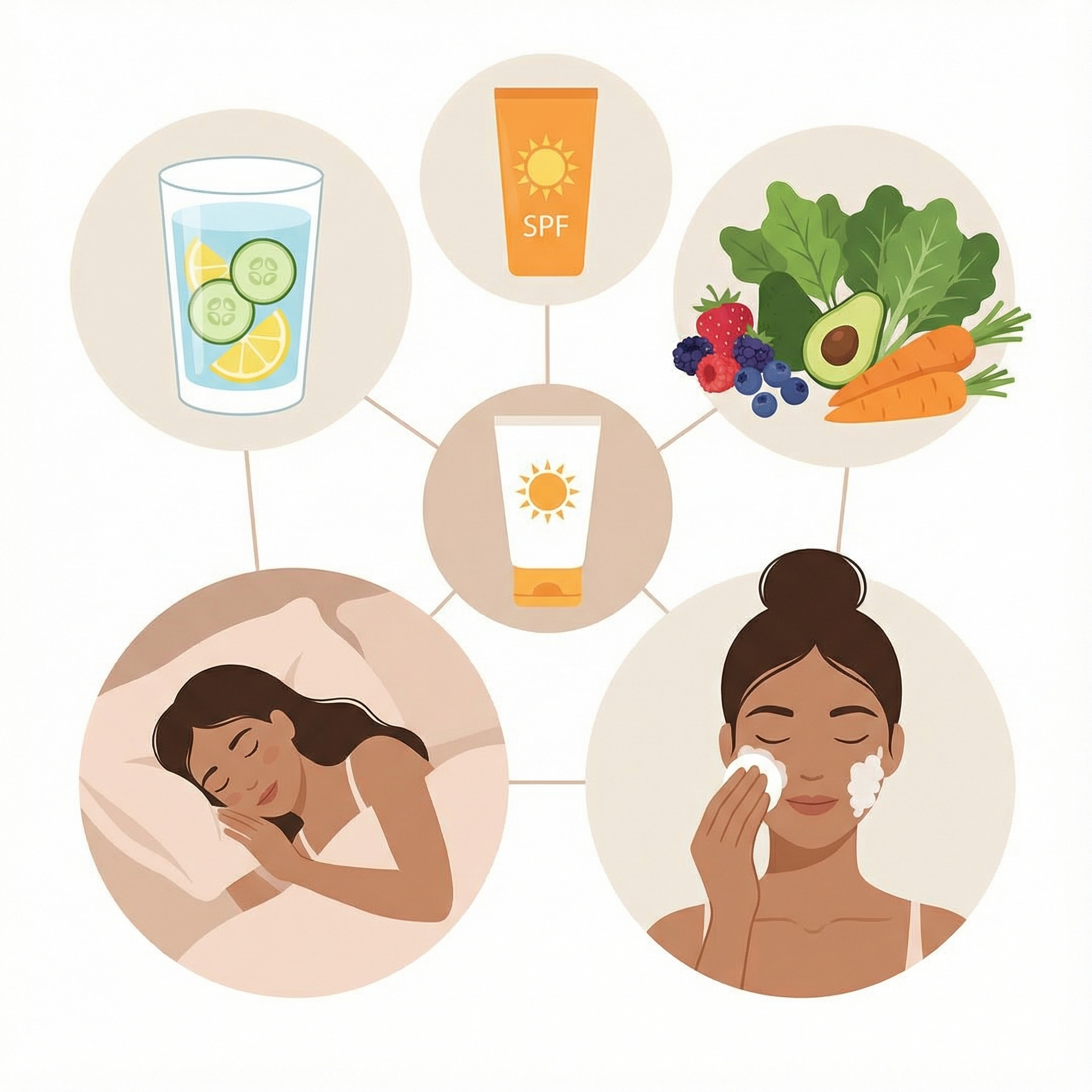 A visually appealing image showing various elements of healthy skin care: a glass of water, a sunblock bottle, fruits and vegetables, a person sleeping peacefully, and gentle facial cleansing, all arranged in a clean, modern, infographic style, 1:1 aspect ratio, no visible text.