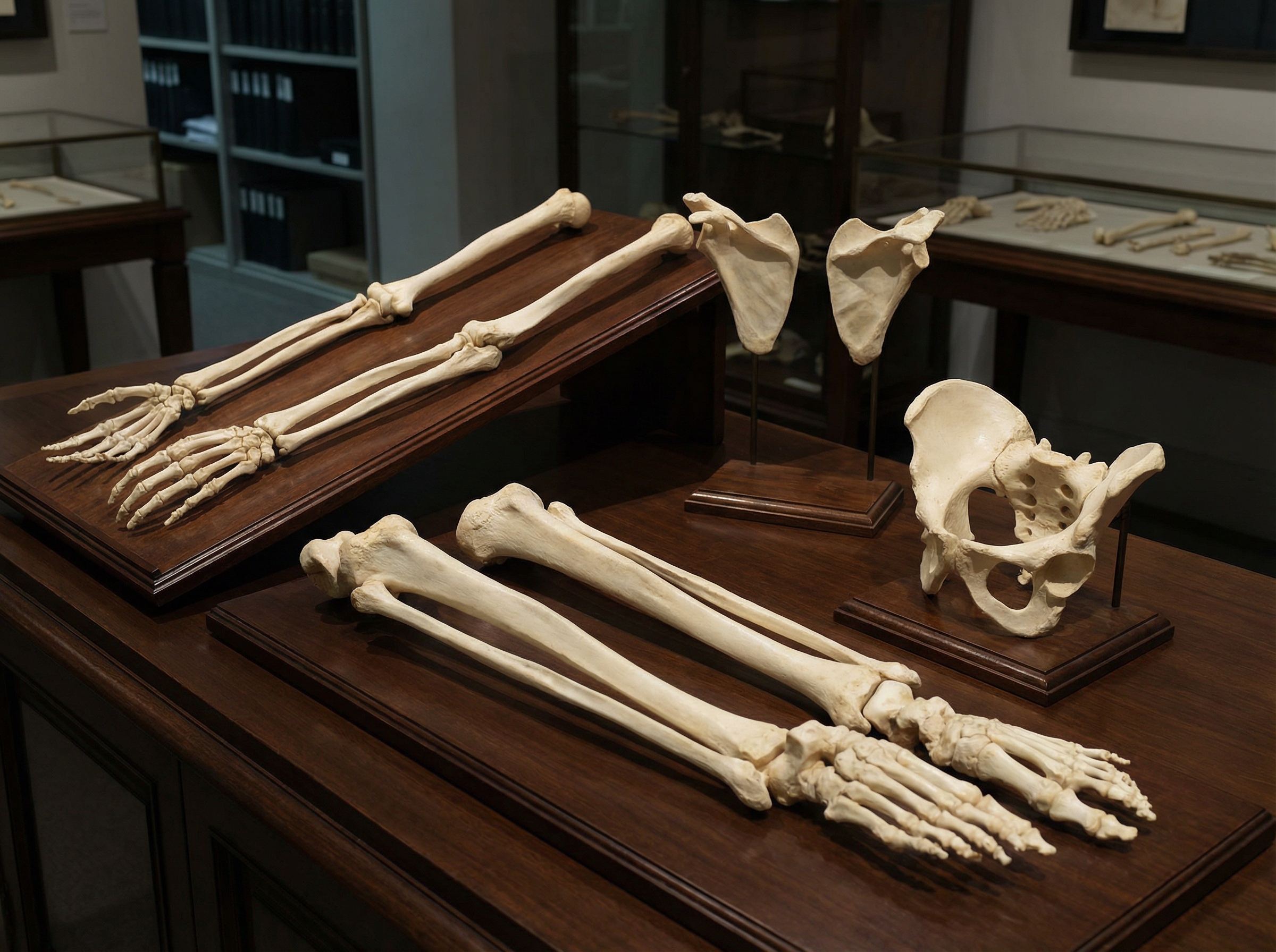 A realistic image showing the appendicular skeleton, focusing on the bones of the arms, legs, shoulder blades, and pelvis. detailed composition. no visible text, aspect ratio 4:3