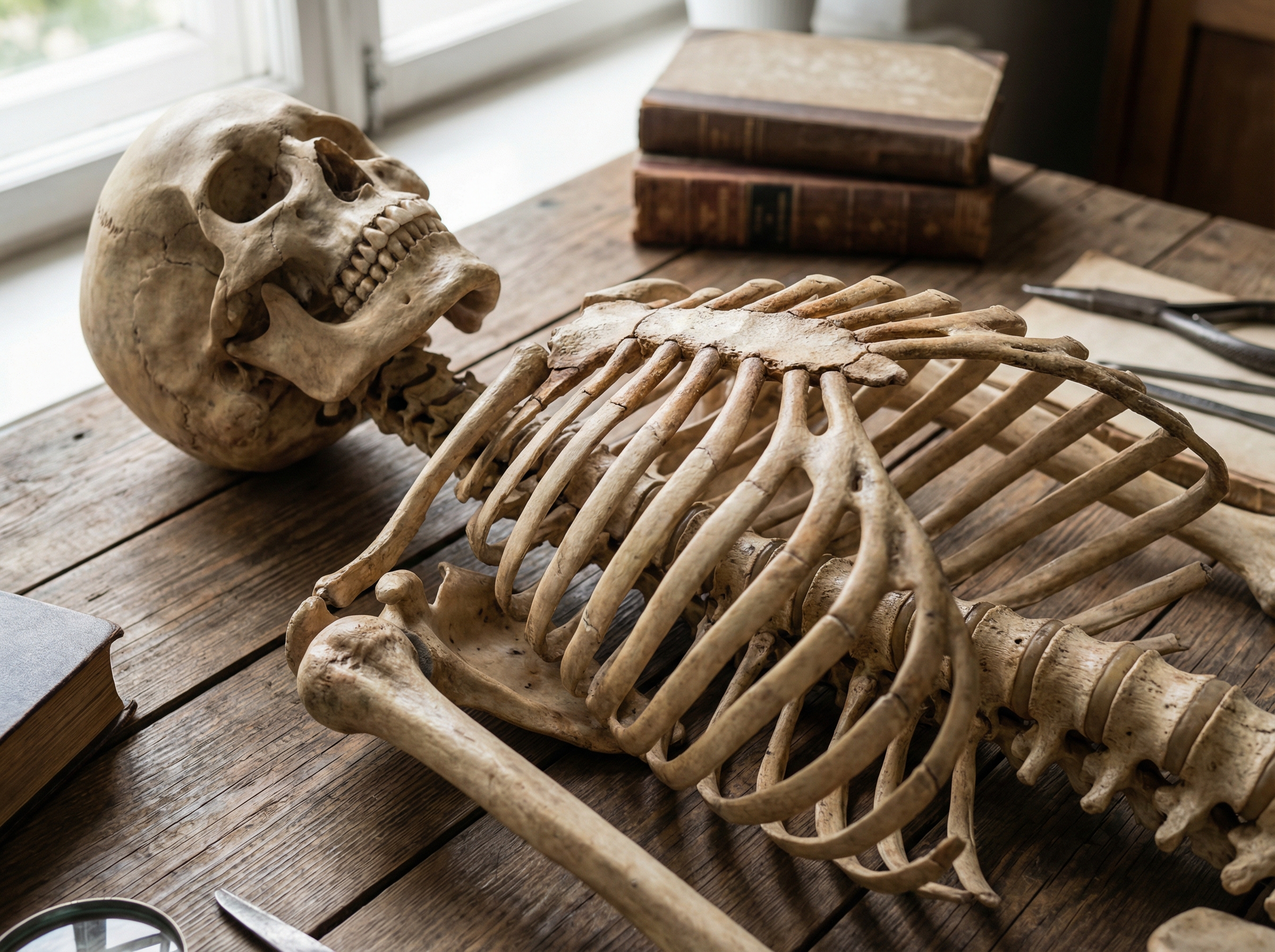 A realistic image of human bone structure, highlighting the axial skeleton parts like skull, spine, ribs, and sternum. detailed composition. no visible text, aspect ratio 4:3