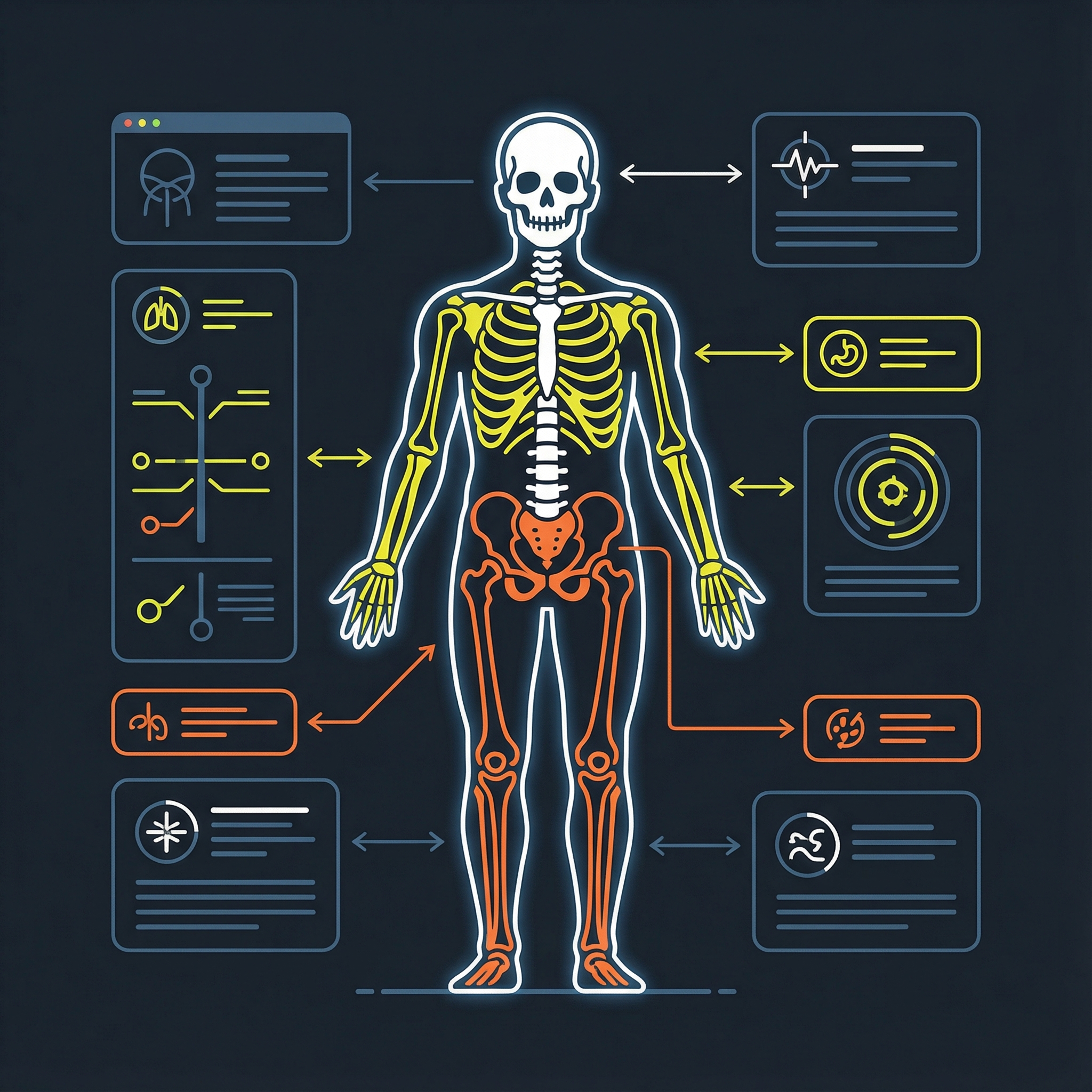 A detailed, clean infographic of a human skeleton, showing the different parts of the body, with a modern layout and high contrast. informational style. no visible text, aspect ratio 1:1