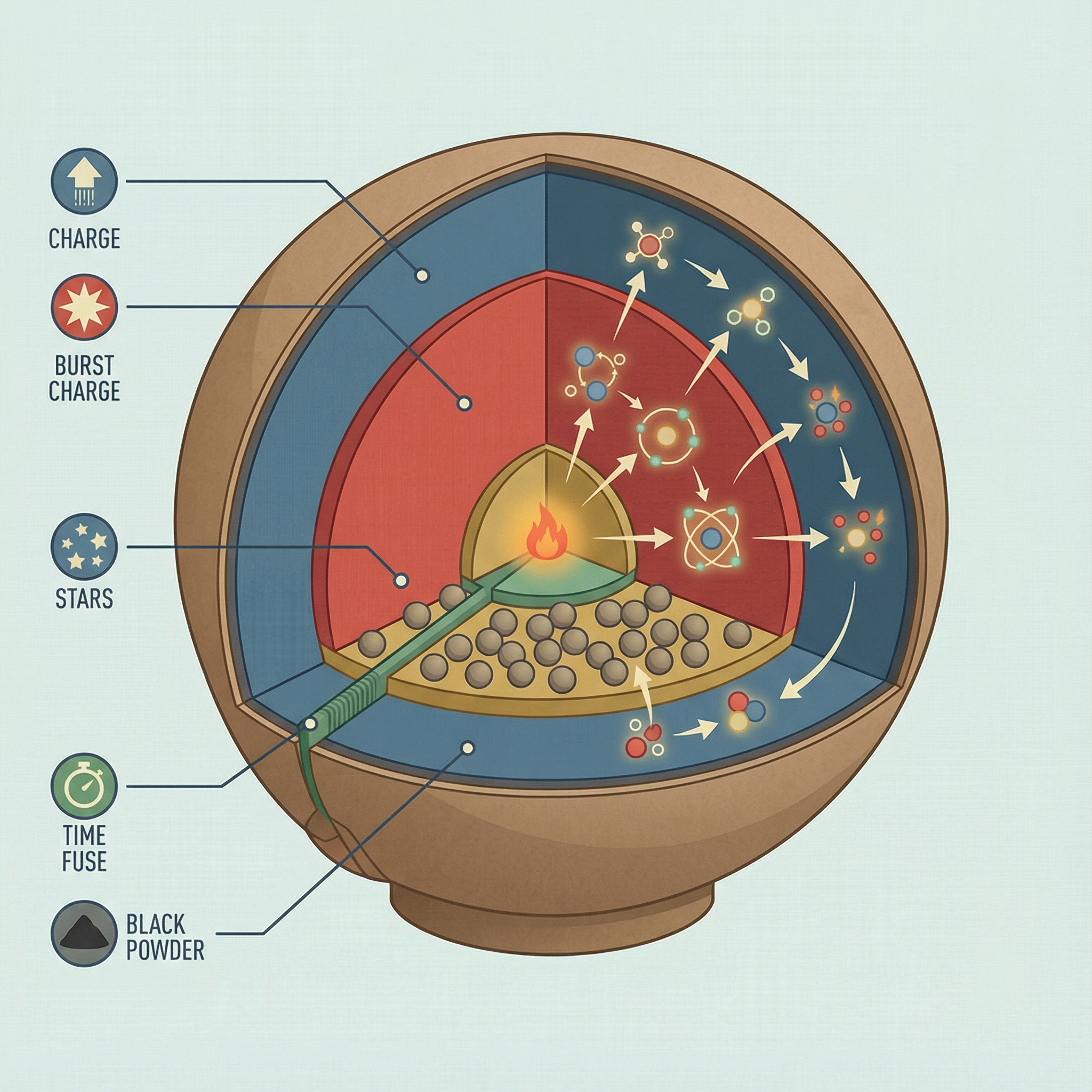 Illustration of fireworks exploding, showing the internal structure of a firework shell and chemical reactions in a cross-section view, detailed composition, aspect ratio 1:1, no visible text, clean infographic style