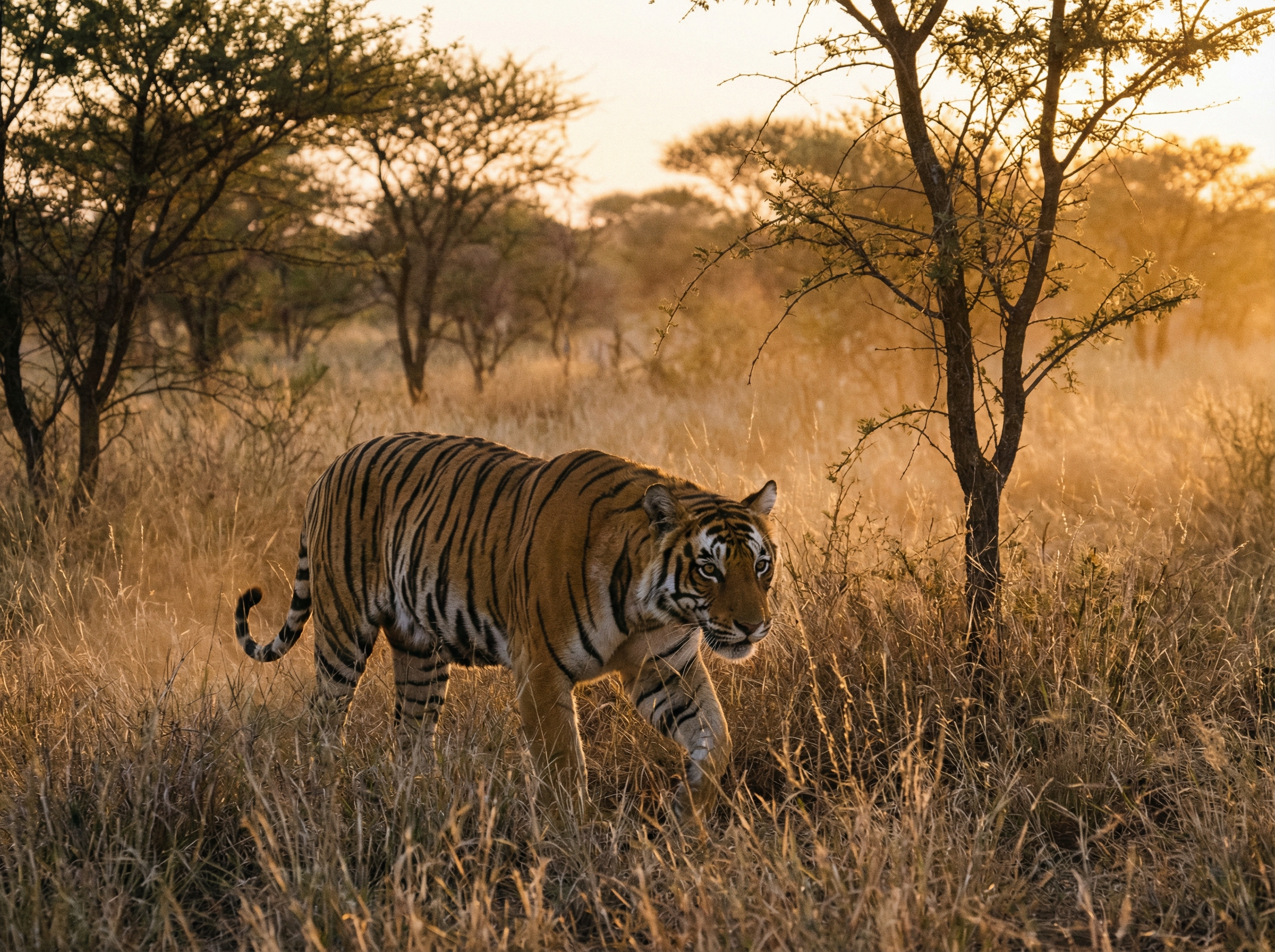 An Indian tiger with stripes perfectly camouflaged in the dry tall grasses and sparse trees of a savanna at dusk, ready to hunt. Warm lighting, realistic, no visible text, aspect ratio 4:3.