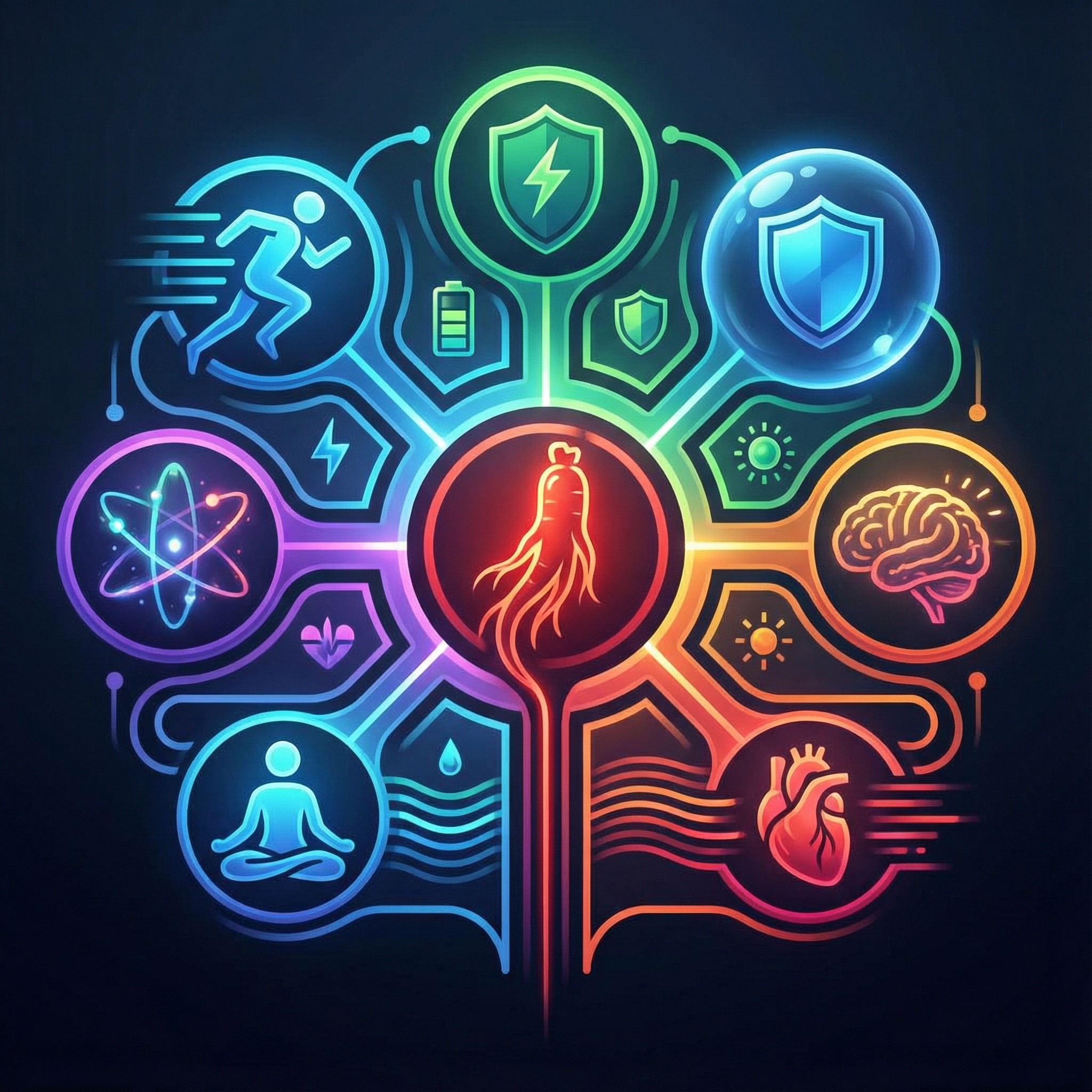 A vibrant, modern infographic displaying the key benefits of Korean red ginseng extract, with a clean layout and high contrast. No visible text, 1:1 aspect ratio.