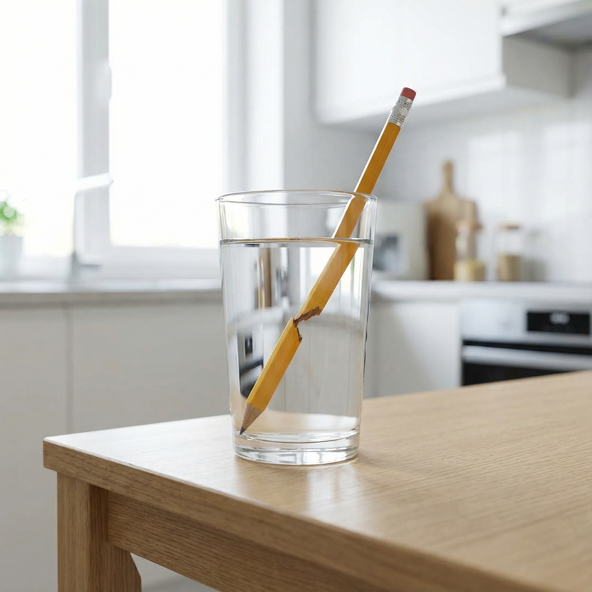 A clear glass of water with a pencil partially submerged, showing the visual distortion caused by light refraction, bright and balanced lighting, modern layout, aspect ratio 1:1, no visible text.