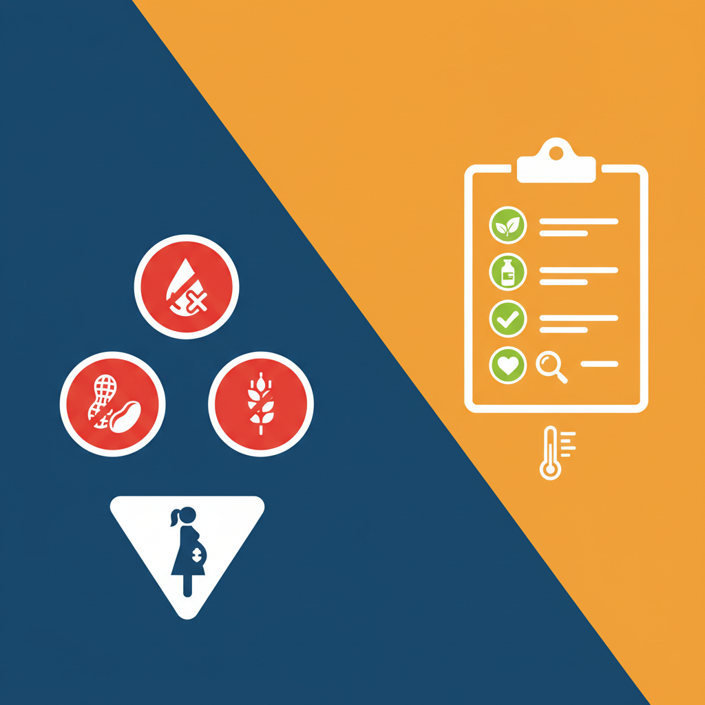 Clean infographic with warning signs and a checklist for safe MBP consumption, focusing on specific considerations like allergies, modern layout, high contrast, colored background, no text.