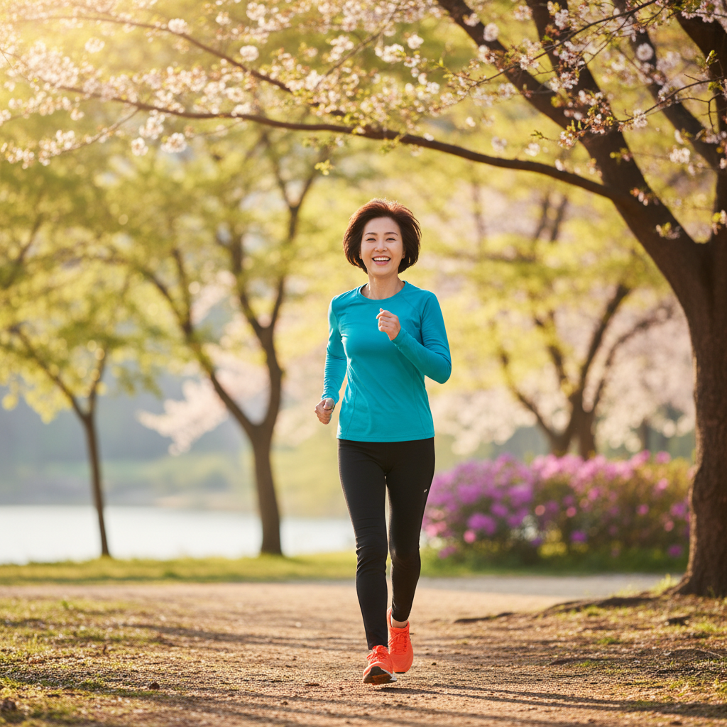 Lifestyle photography of a vibrant, healthy Korean woman in her 50s happily exercising outdoors, warm lighting, natural park setting, colored background, no text.