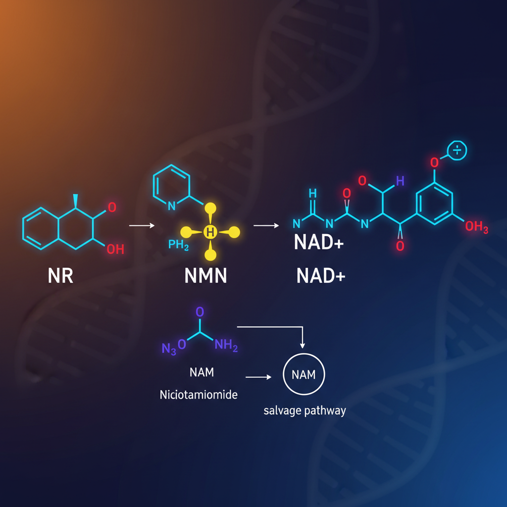 Clean infographic comparing the molecular structures and metabolic pathways of NR (Nicotinamide Riboside) and NMN (Nicotinamide Mononucleotide) to NAD+. High contrast, modern layout, colored background, no text.